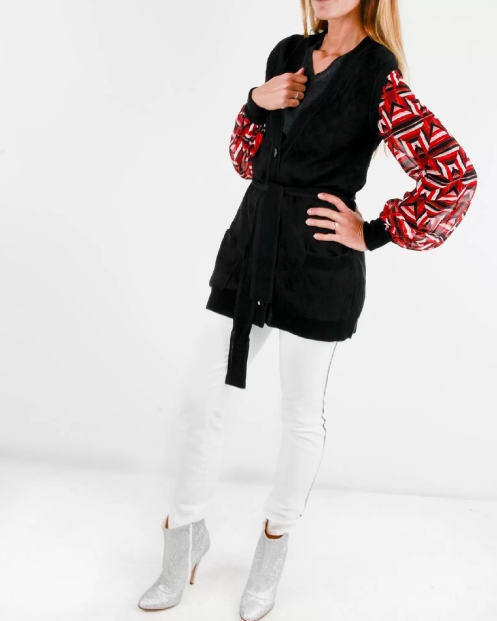 La Piscine Paris Cardigan bi-matière à manches mousseline rouge Just Cavalli Noir Best