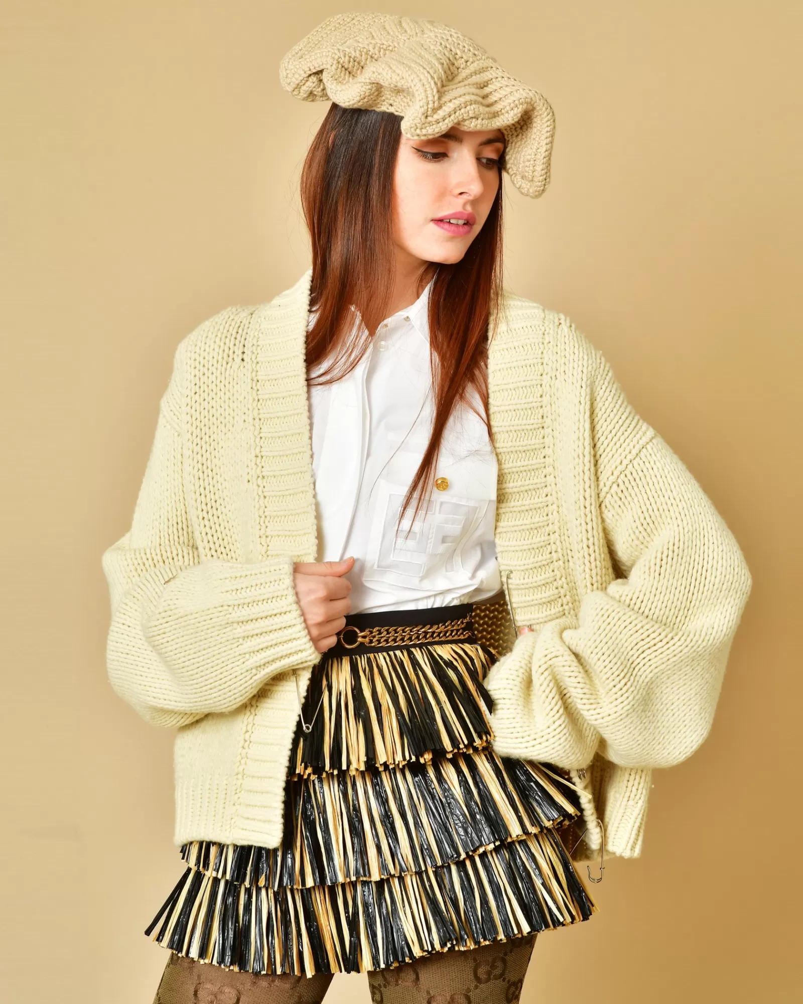 La Piscine Paris Cardigan en laine vierge mélangé avec broches Danielle Guizio Beige Cheap
