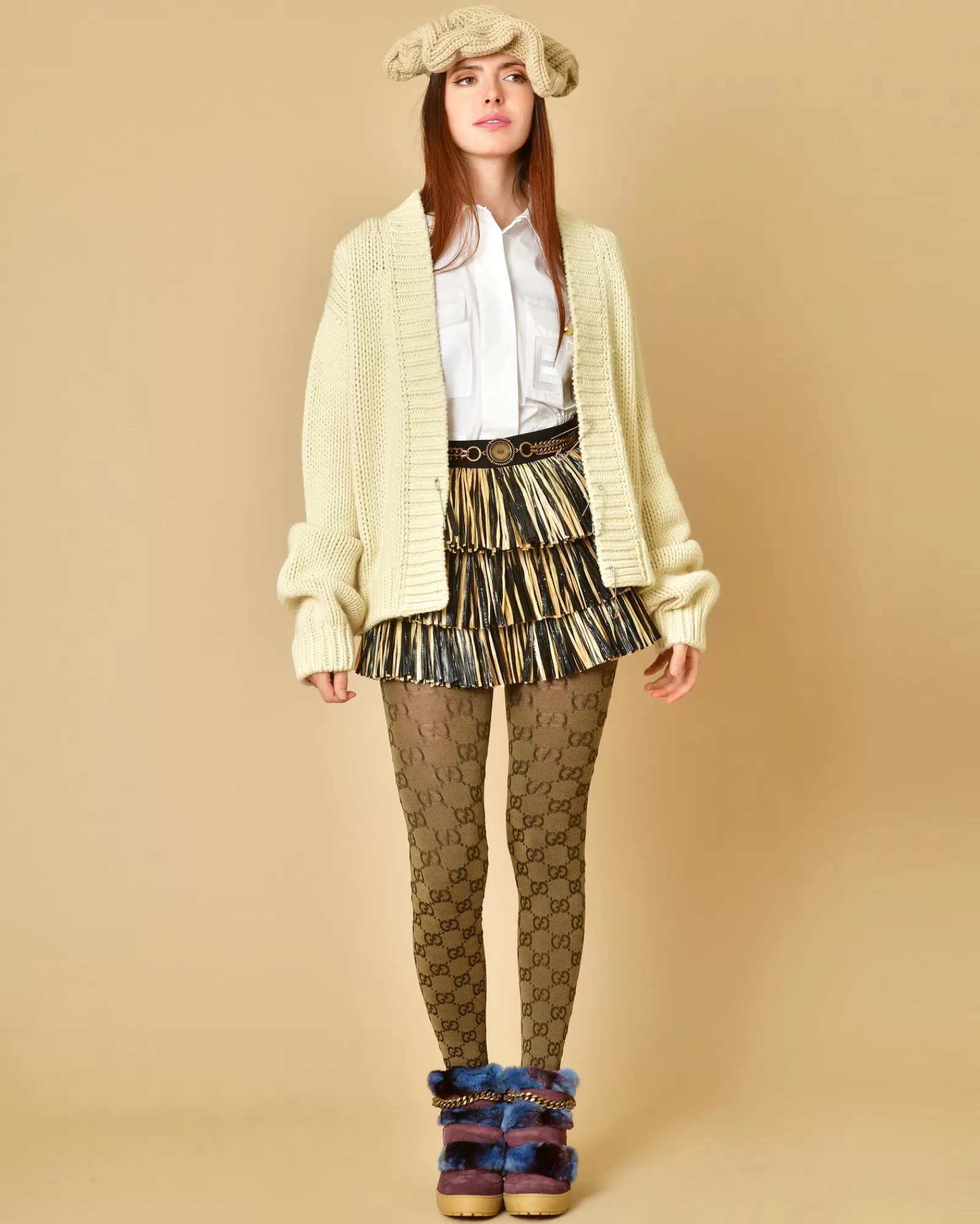 La Piscine Paris Cardigan en laine vierge mélangé avec broches Danielle Guizio Beige Cheap