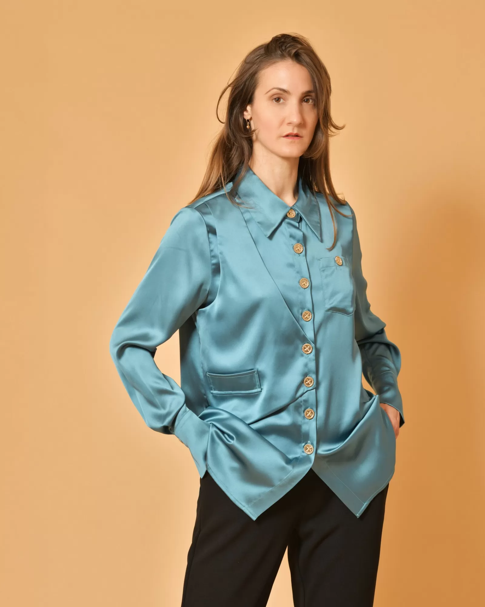 La Piscine Paris Chemise en satin vert d’eau Edward Achour Bleu Online