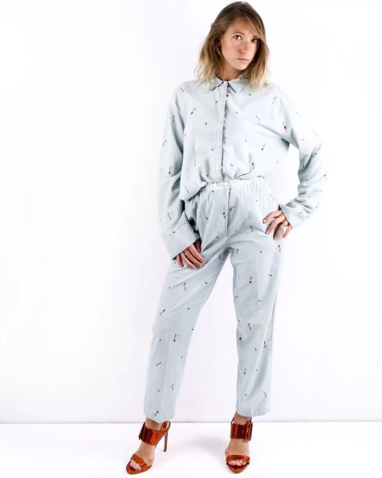 La Piscine Paris Chemise en velours brodé Forte Forte Bleu New