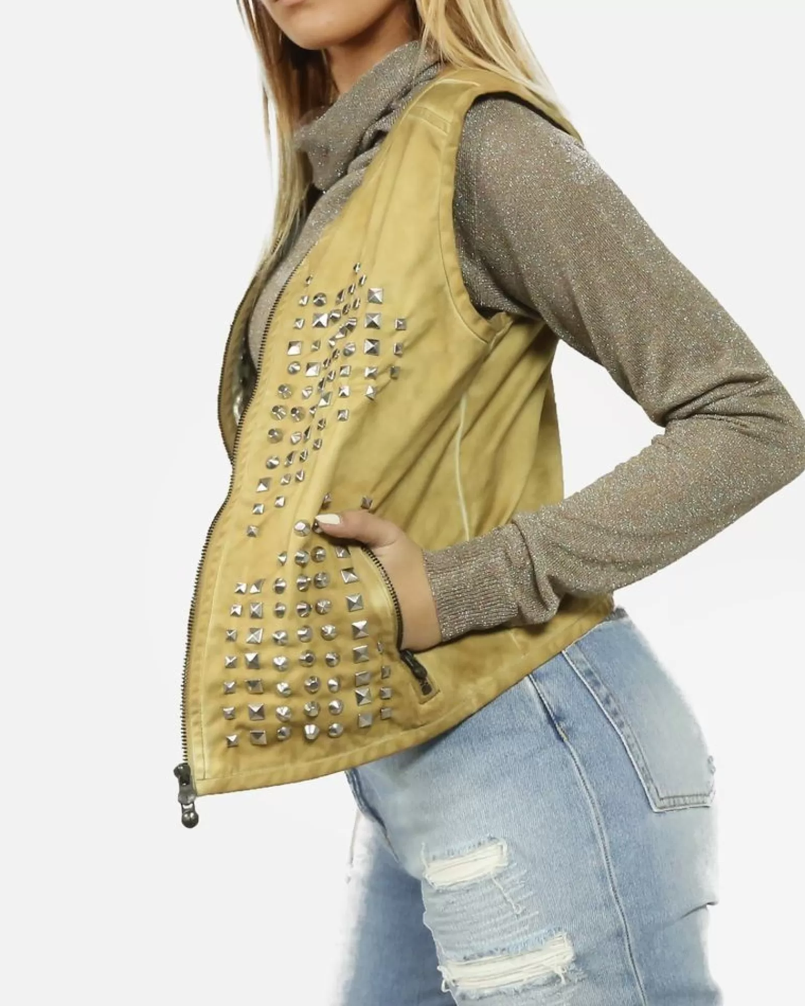 La Piscine Paris Gilet sans manches clouté Lerock Beige Outlet
