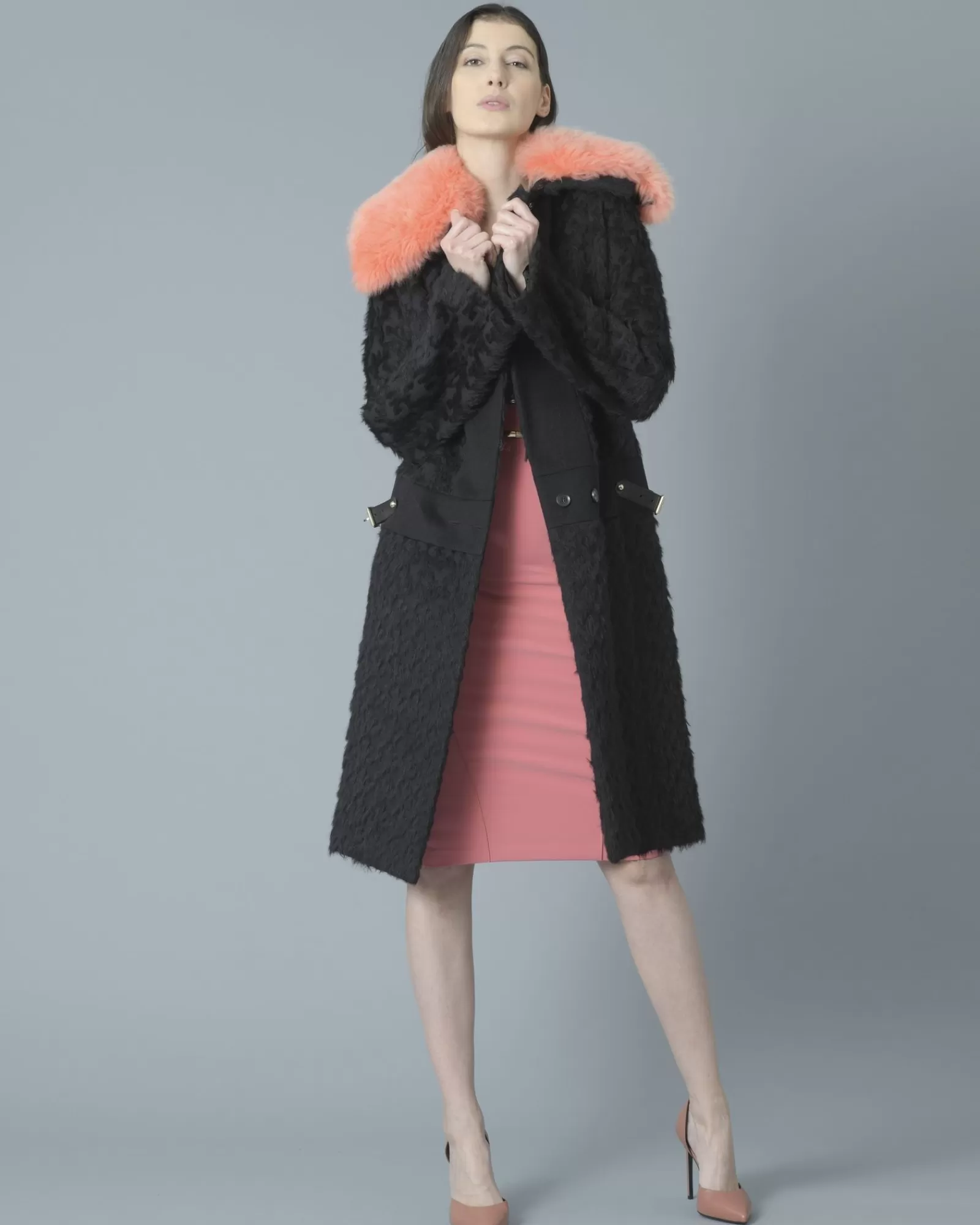 La Piscine Paris Manteau en coton et laine mélangée à col en peau lainée amovible Just Cavalli Noir Online