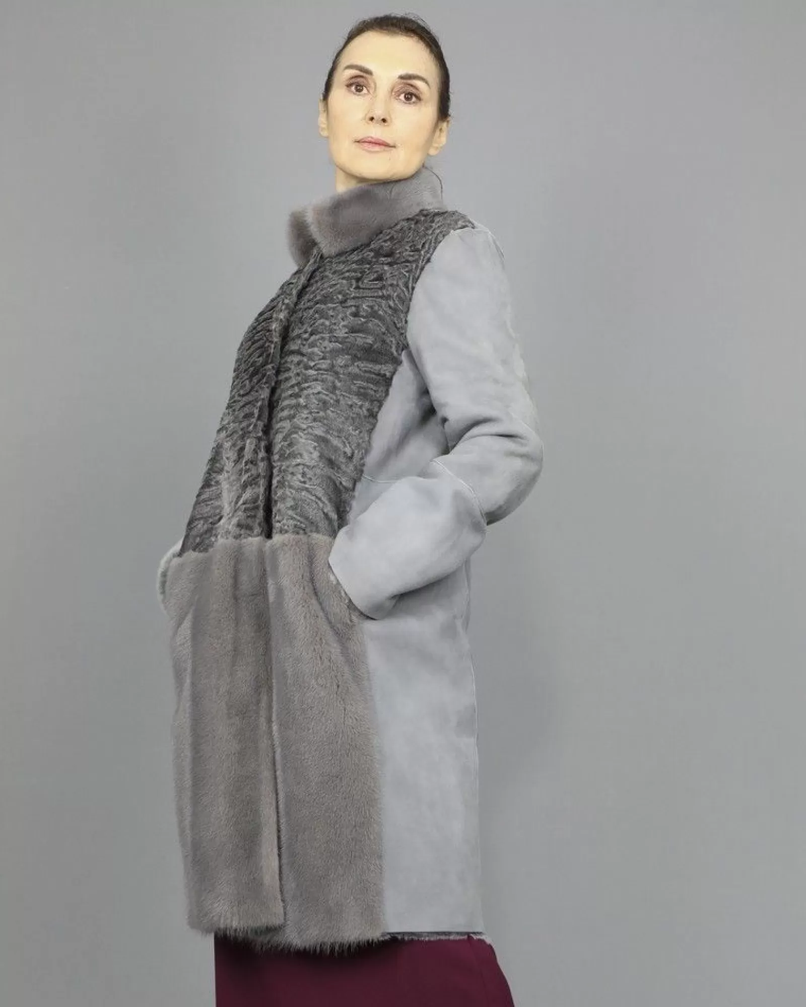 La Piscine Paris Manteau en cuir à empiècements de fourrure de Vison Manzoni 24 Gris New