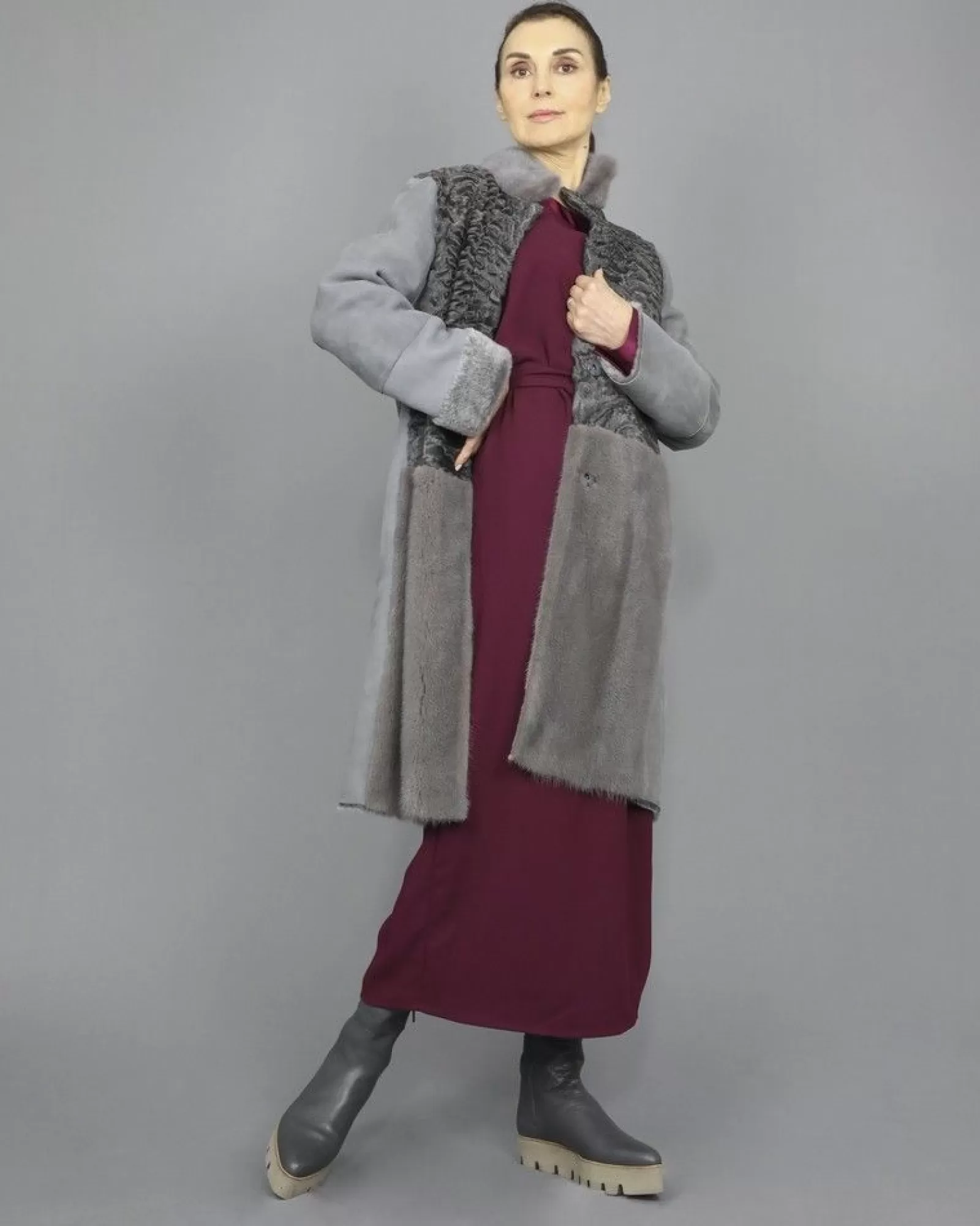 La Piscine Paris Manteau en cuir à empiècements de fourrure de Vison Manzoni 24 Gris New