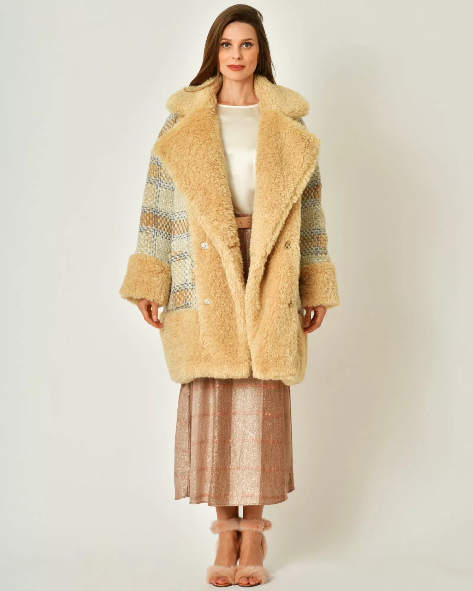 La Piscine Paris Manteau en fourrure synthétique et tweed Edward Achour Beige New