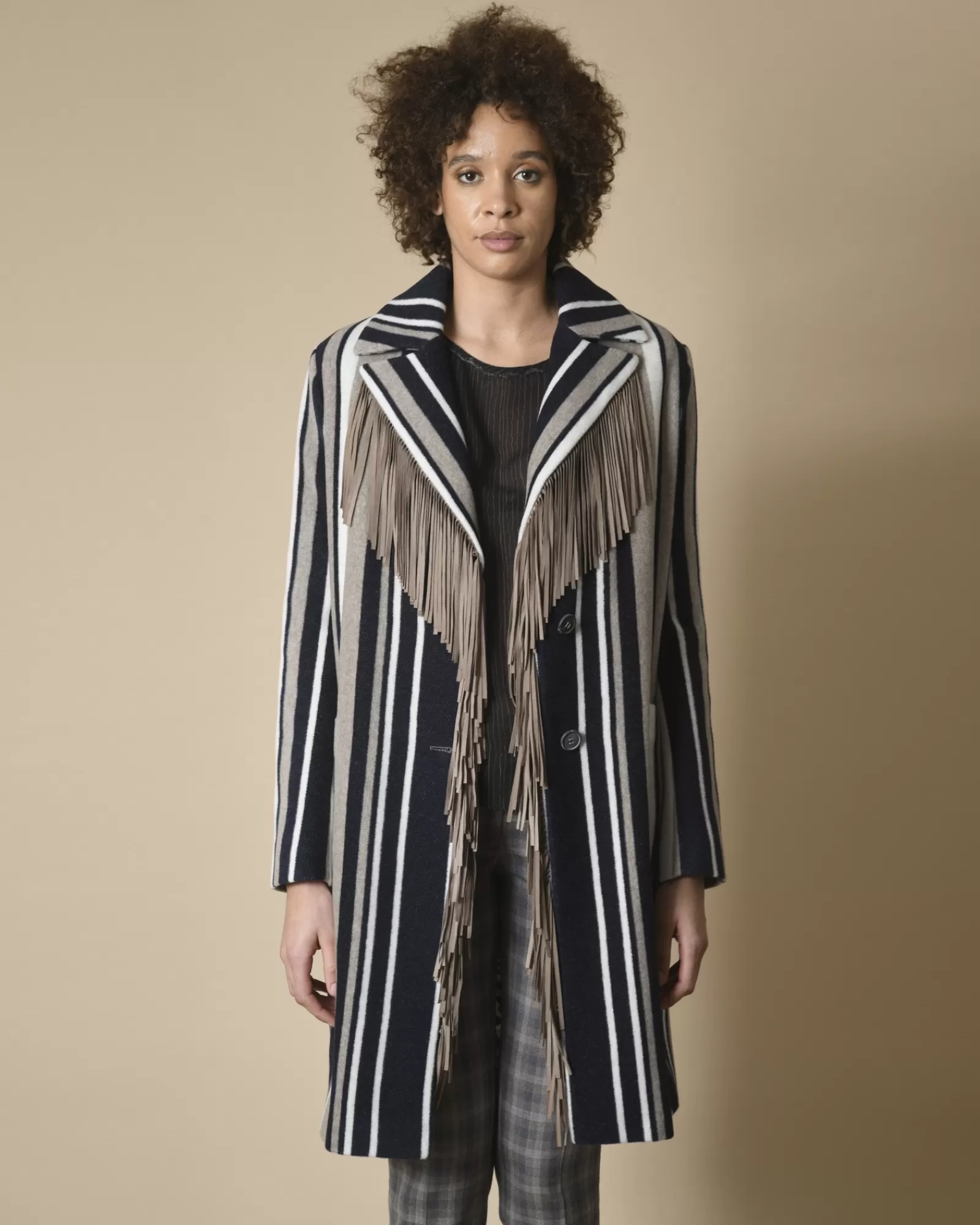 La Piscine Paris Manteau en laine mélangé à rayures et franges en daim Mouche Taupe New