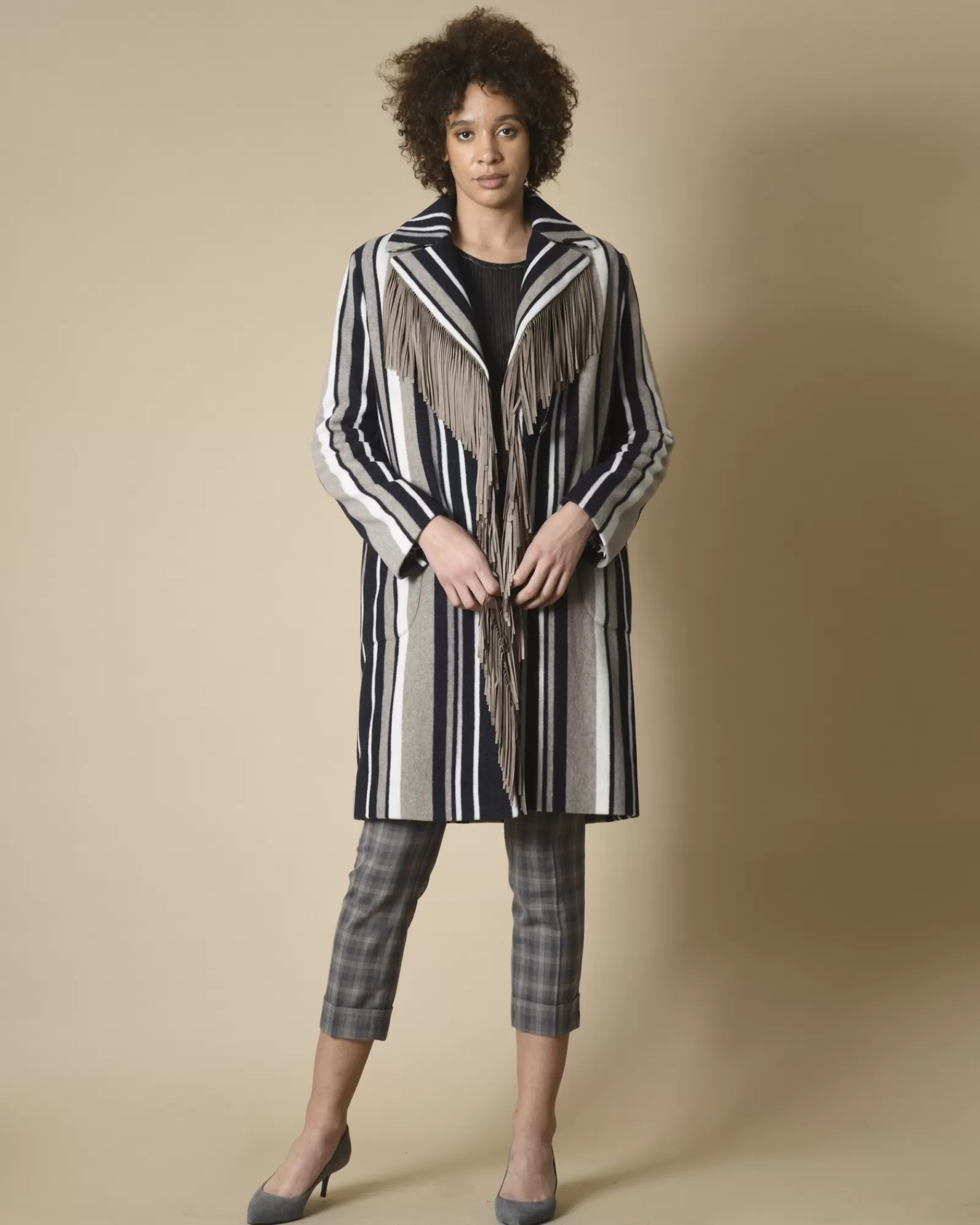 La Piscine Paris Manteau en laine mélangé à rayures et franges en daim Mouche Taupe New