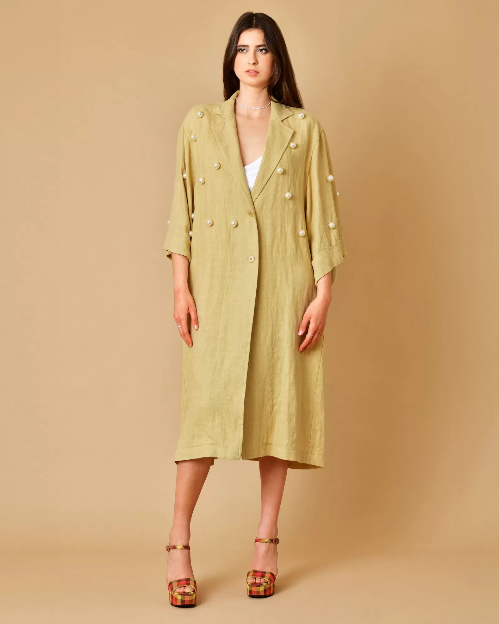 La Piscine Paris Manteau en lin à empiècements en perles Forte Forte Beige Online