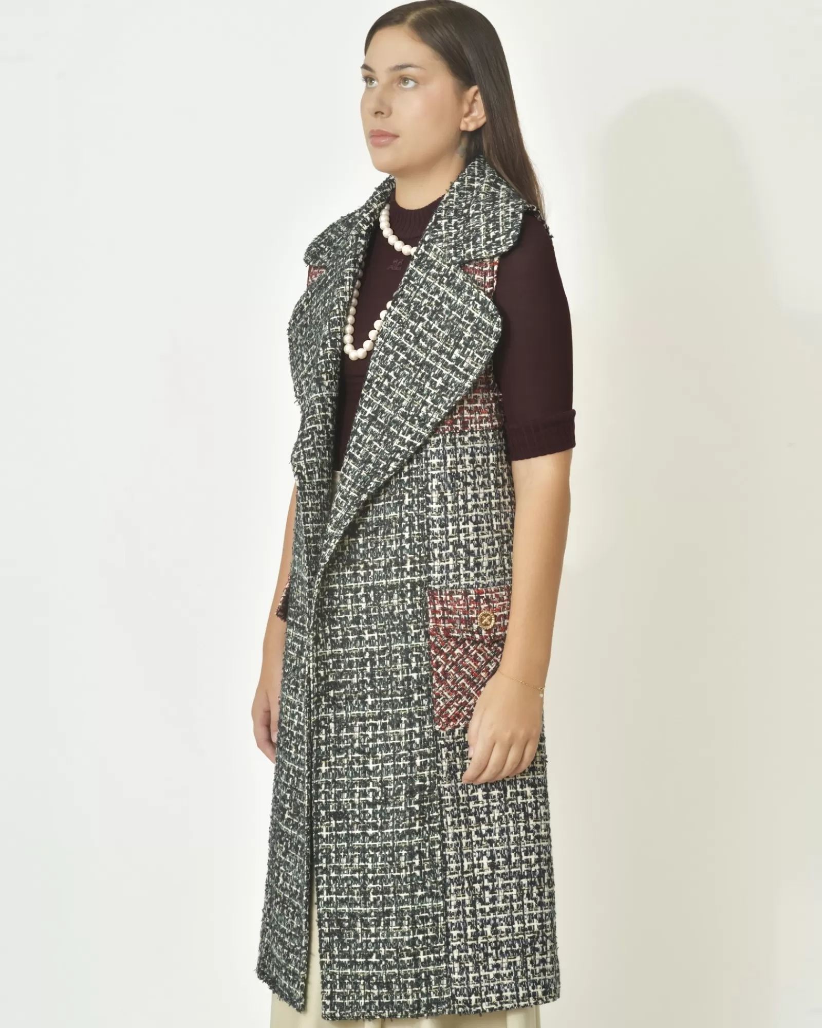 La Piscine Paris Manteau en tweed sans manche Edward Achour Vert New