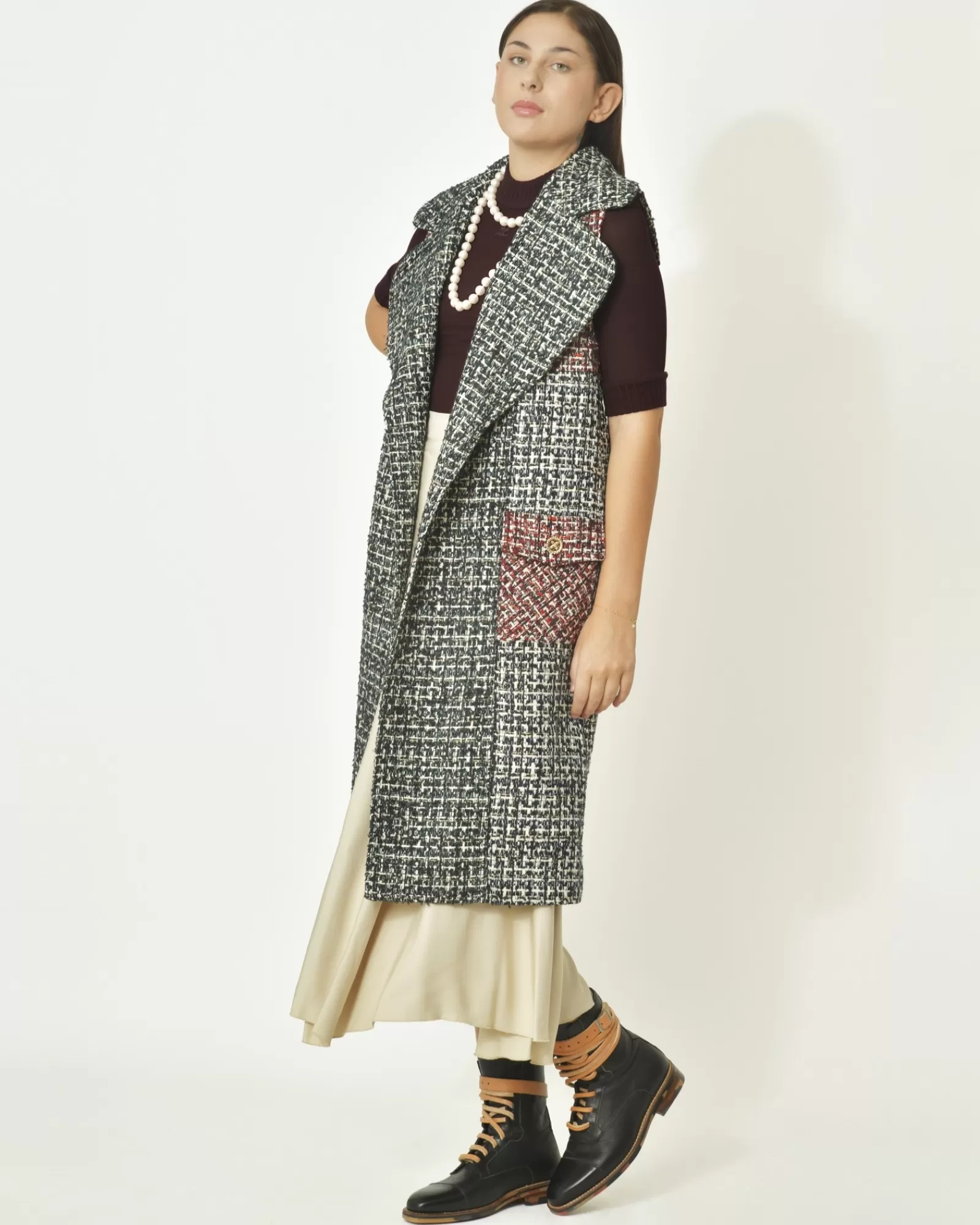 La Piscine Paris Manteau en tweed sans manche Edward Achour Vert New