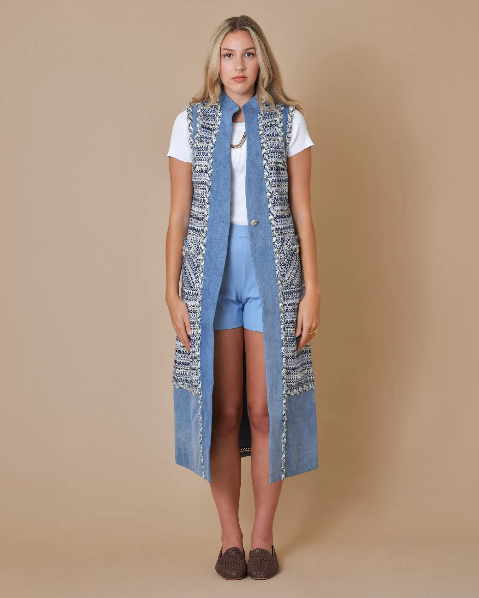 La Piscine Paris Manteau sans manches en tweed à empiècements Edward Achour Bleu Sale