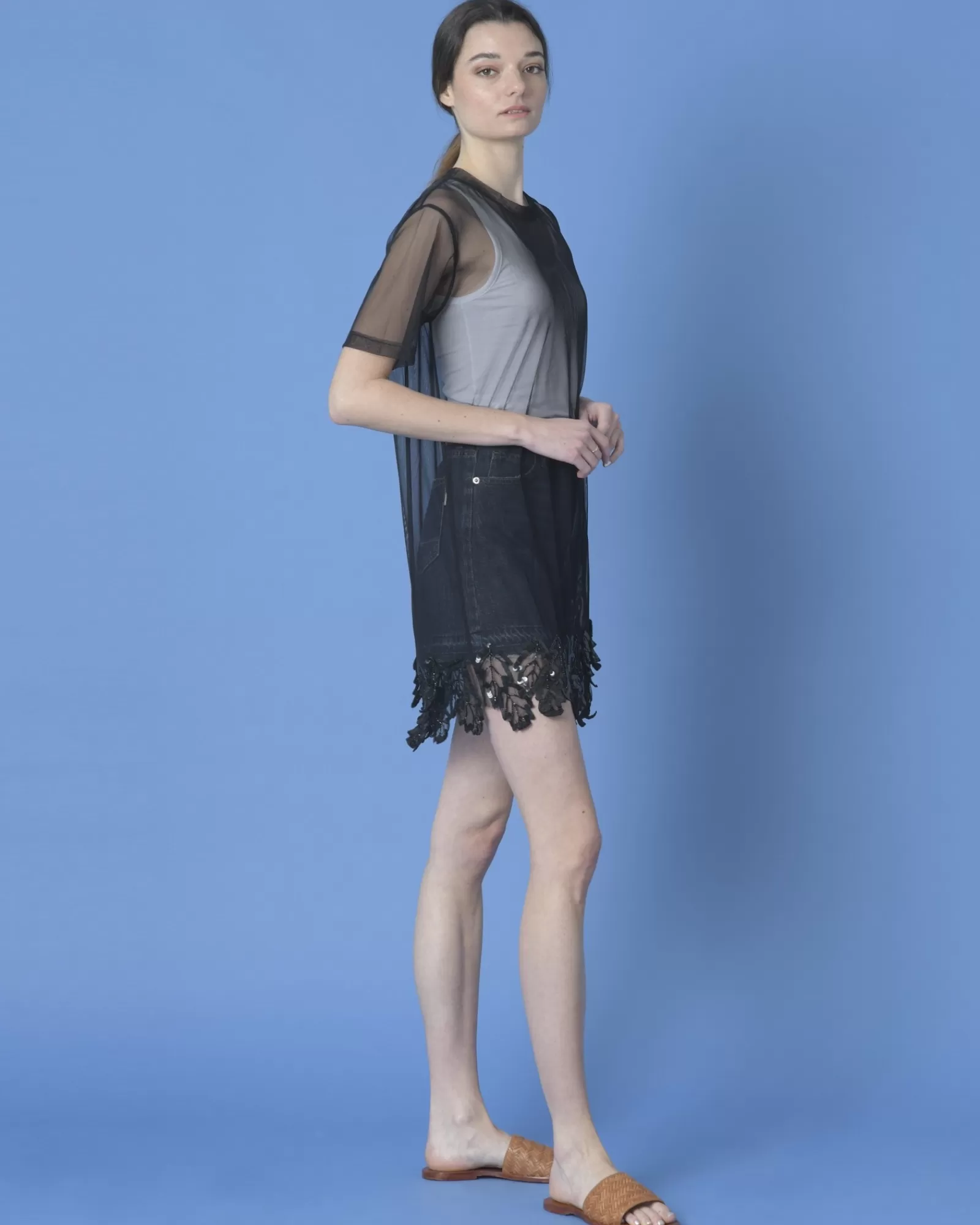 La Piscine Paris Mini short avec des graffiti imprimés en jean True NYC Bleu Outlet