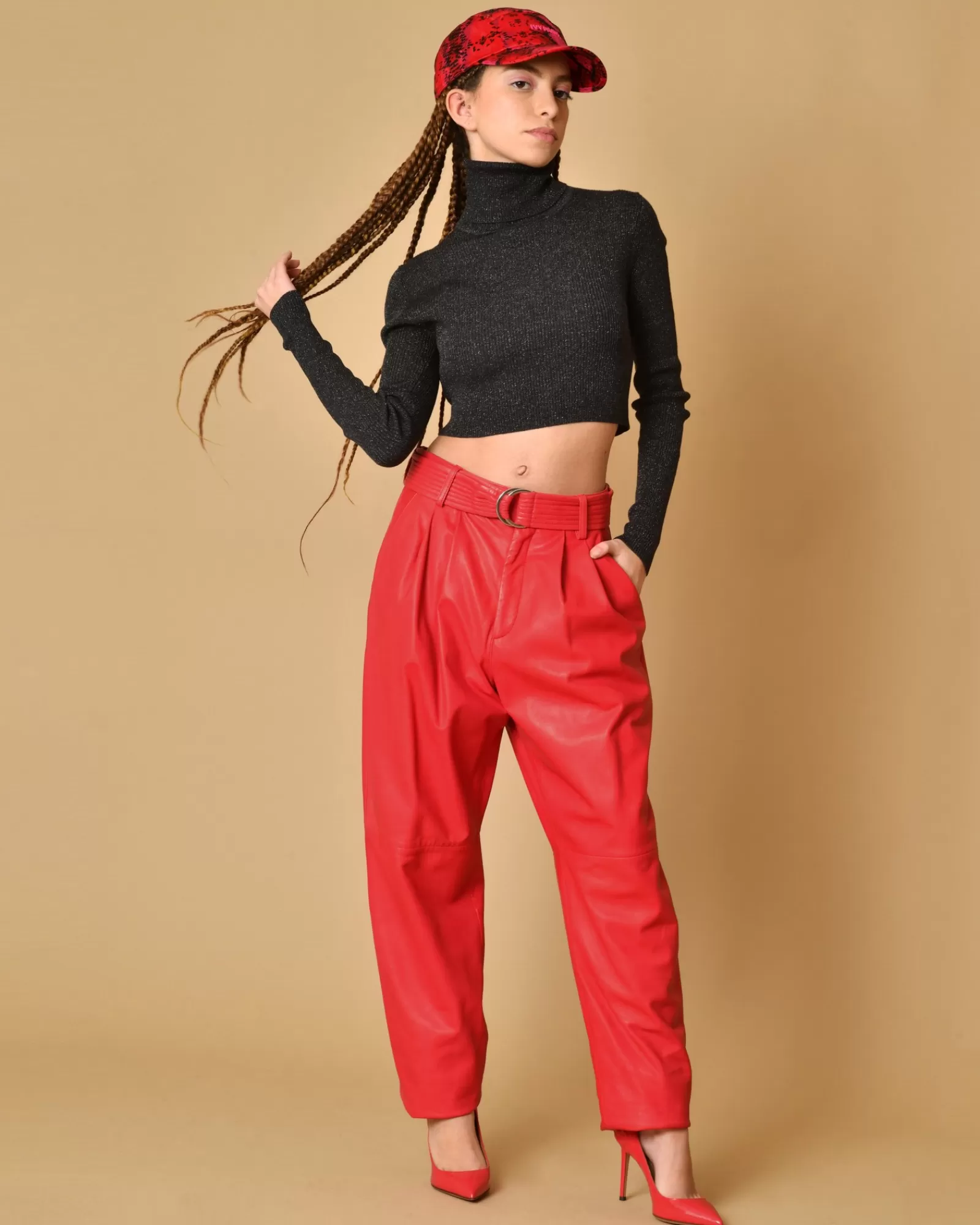 La Piscine Paris Pantalon carotte en cuir Parosh Rouge Cheap