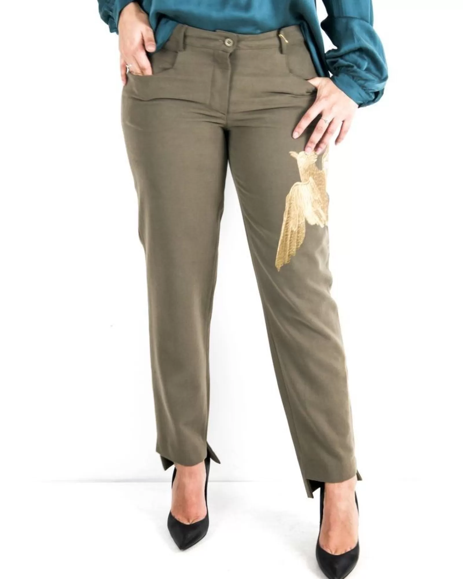 La Piscine Paris Pantalon en laine à broderies oiseaux L'Edition Kaki Cheap