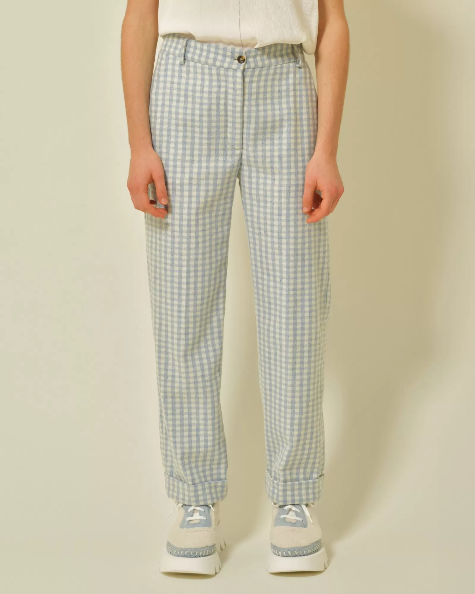 La Piscine Paris Pantalon en laine mélangée à imprimé vichy Diega Bleu Outlet