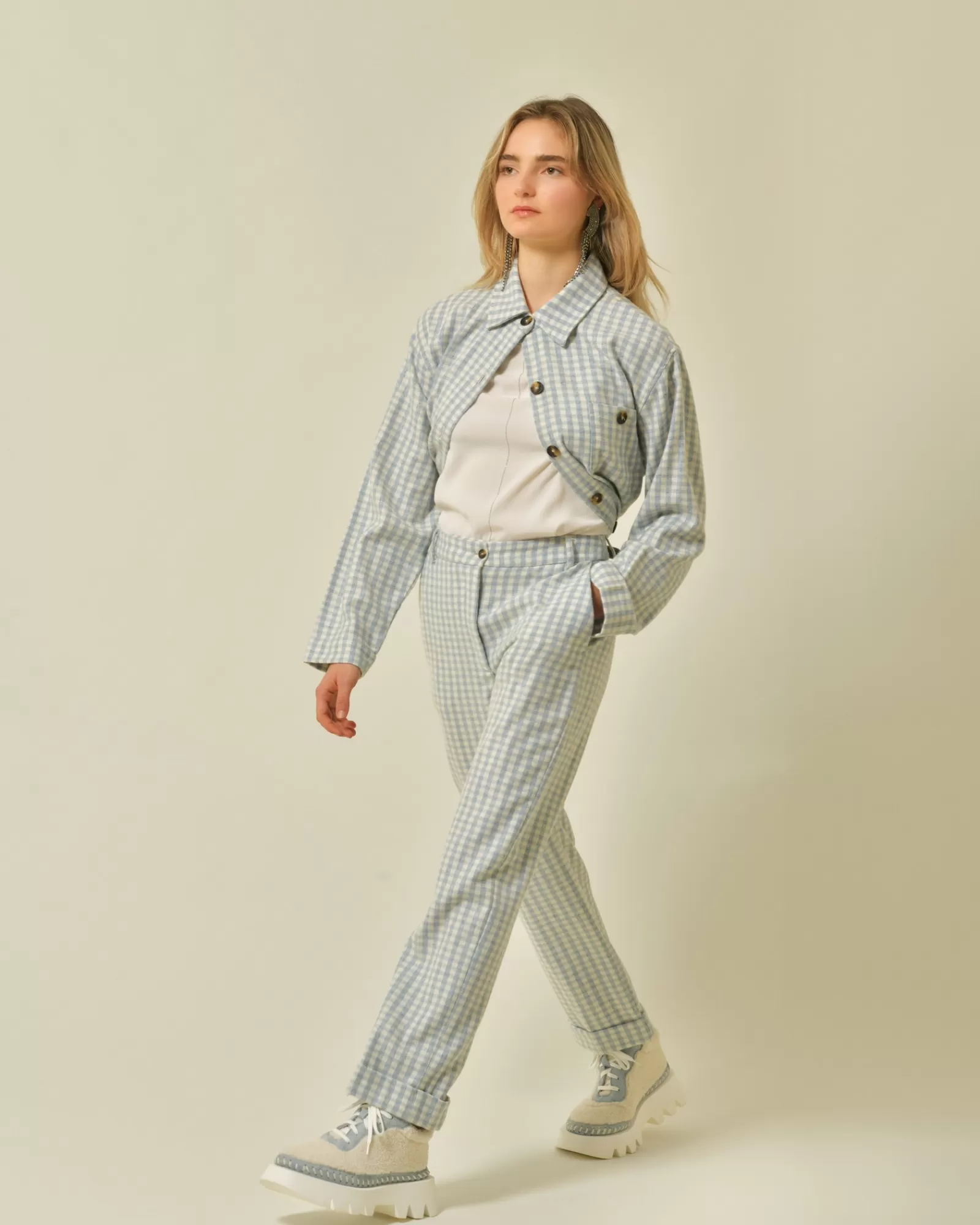 La Piscine Paris Pantalon en laine mélangée à imprimé vichy Diega Bleu Outlet