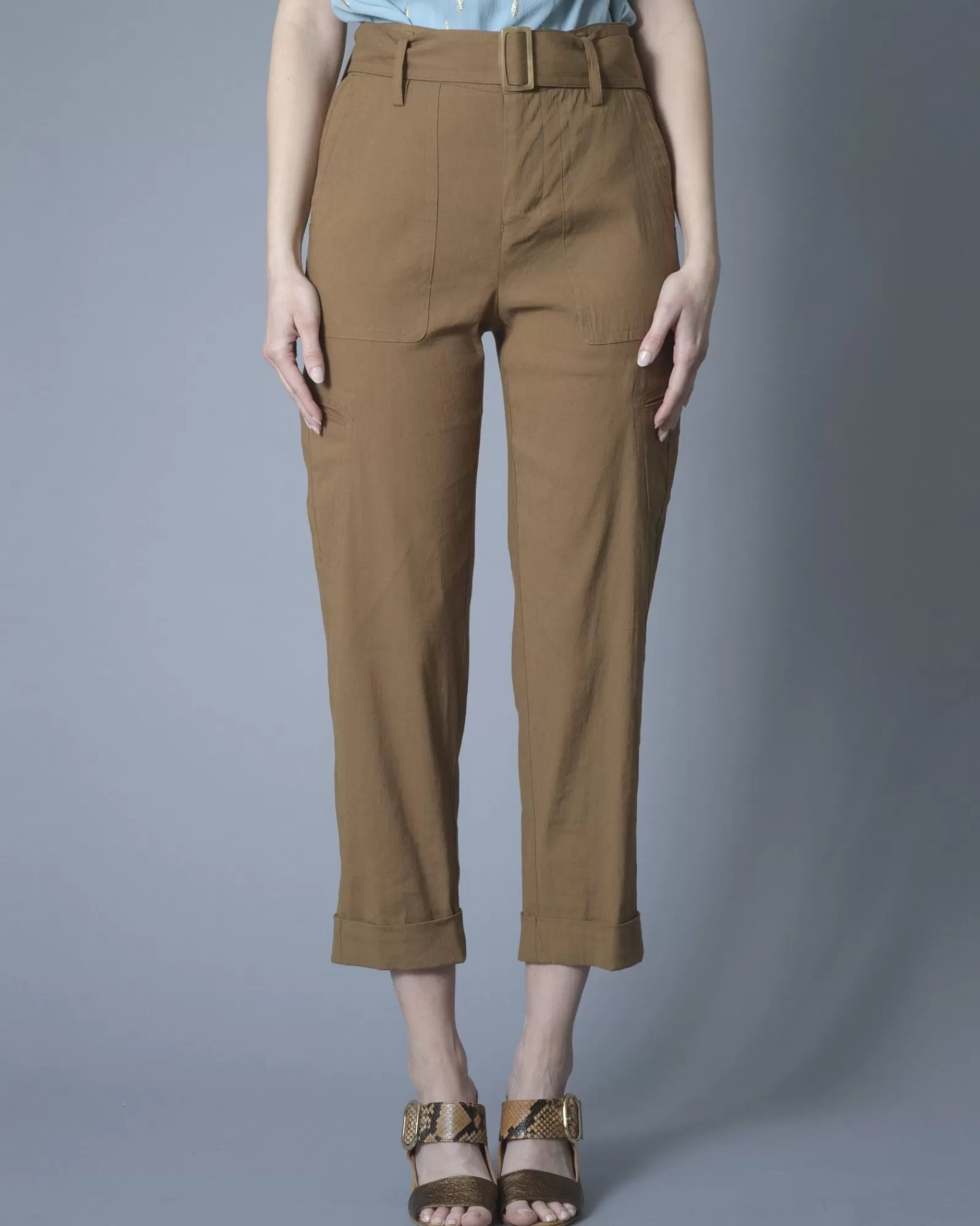 La Piscine Paris Pantalon fuselé raccourci en lin mélangé à ceinture Vince Marron Discount