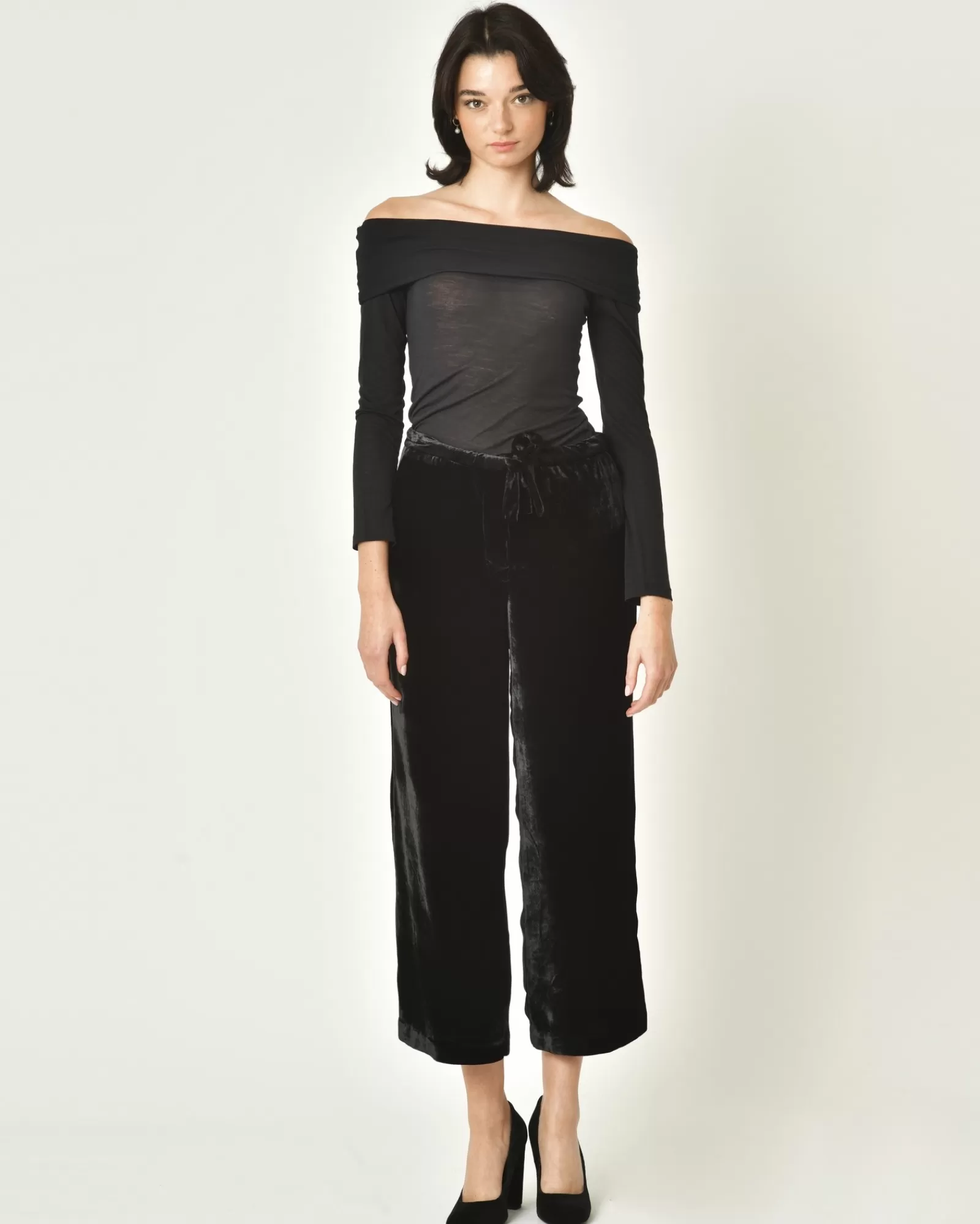 La Piscine Paris Pantalon large en velours raccourci Malloni Noir Shop