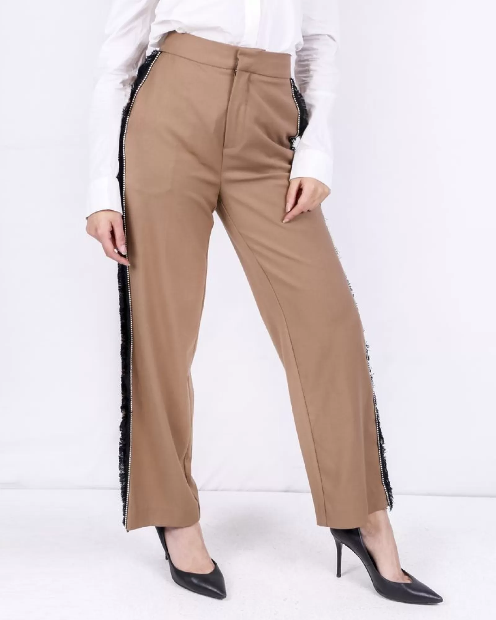 La Piscine Paris Pantalon palazzo camel à galons fantaisies Isabelle Blanche Marron Outlet