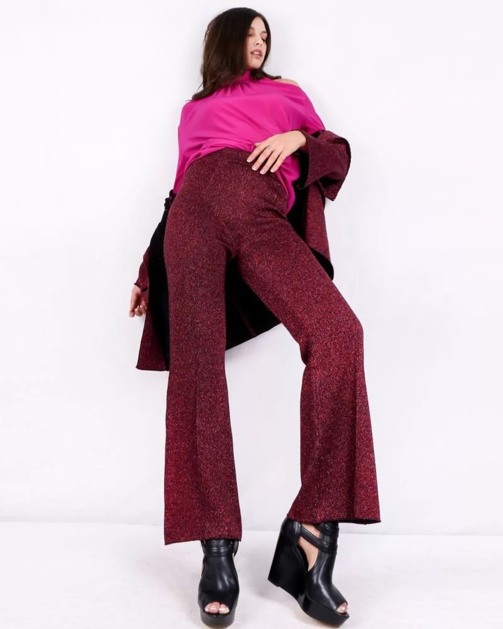 La Piscine Paris Pantalon palazzo en laine façon lurex pailleté Nude Bordeaux Cheap