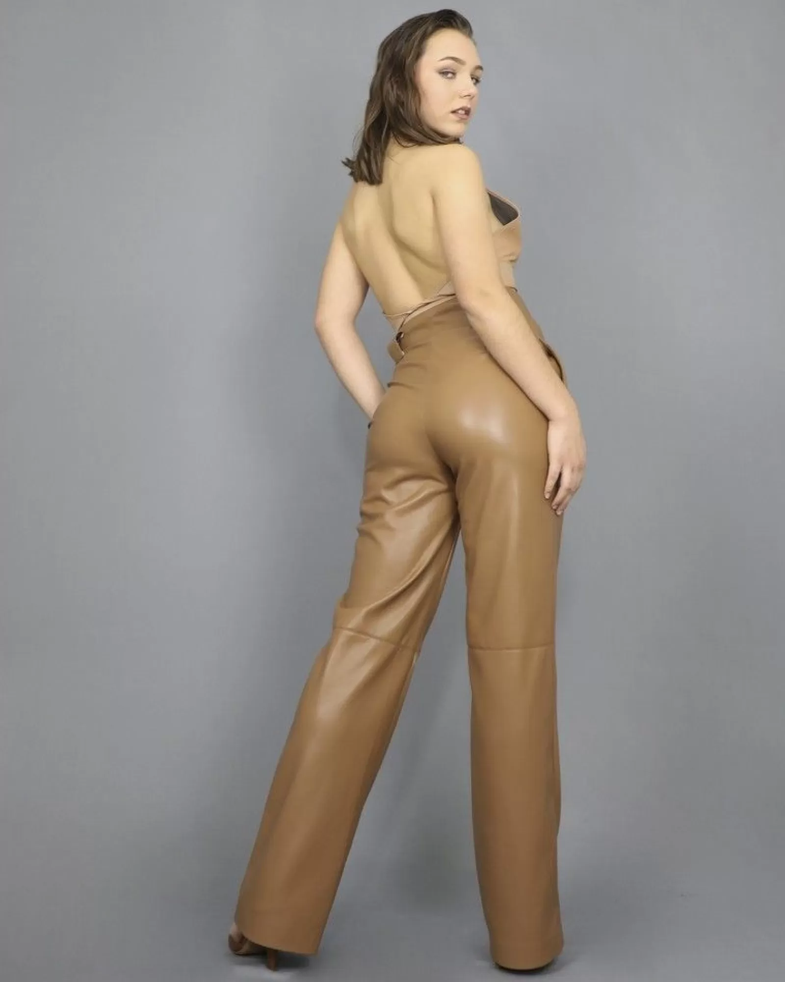 La Piscine Paris Pantalon palazzo en simili Space Simona Corsellini Camel Discount