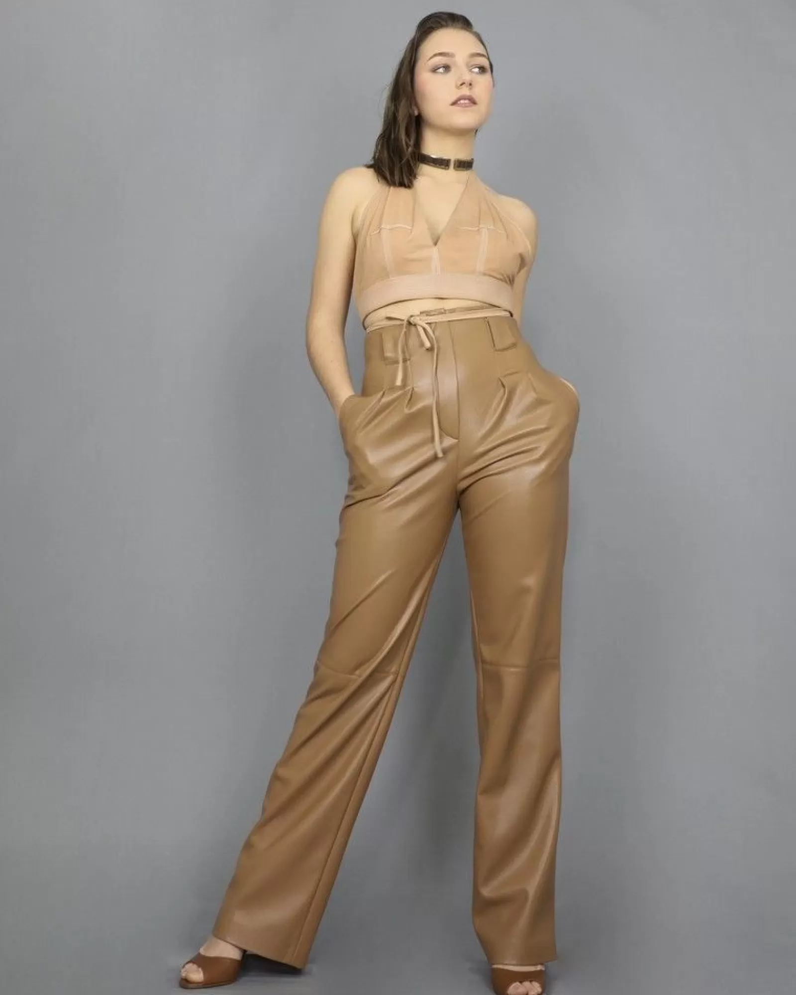 La Piscine Paris Pantalon palazzo en simili Space Simona Corsellini Camel Discount