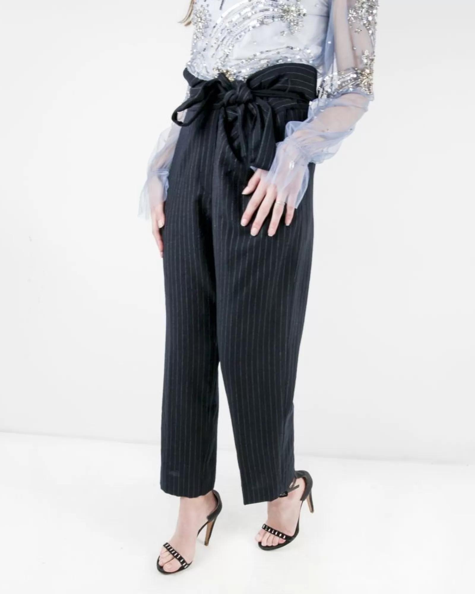 La Piscine Paris Pantalon taille haute en laine rayé Forte Forte Bleu Outlet