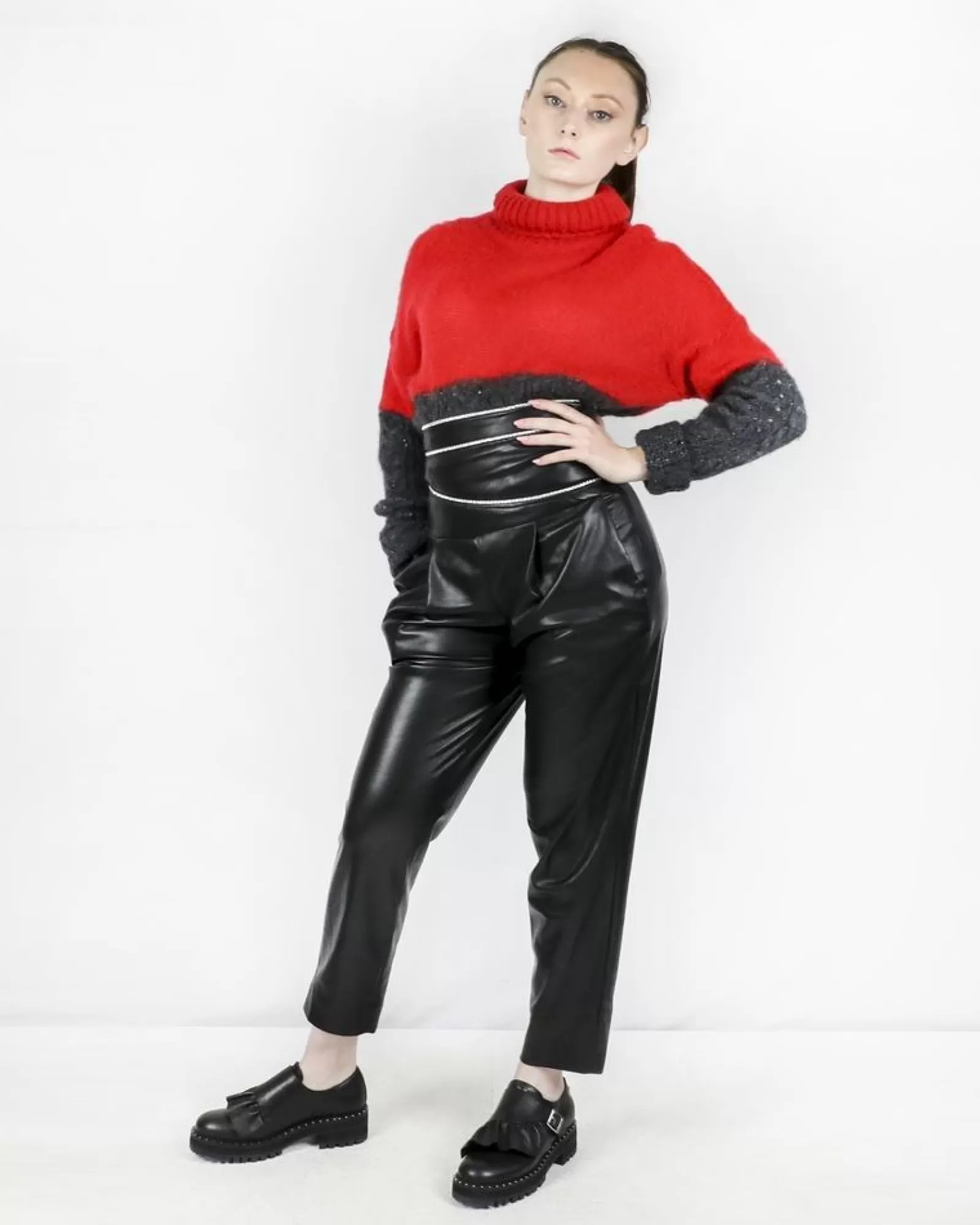 La Piscine Paris Pantalon taille haute en simili à galon strassé Space Simona Corsellini Noir Fashion