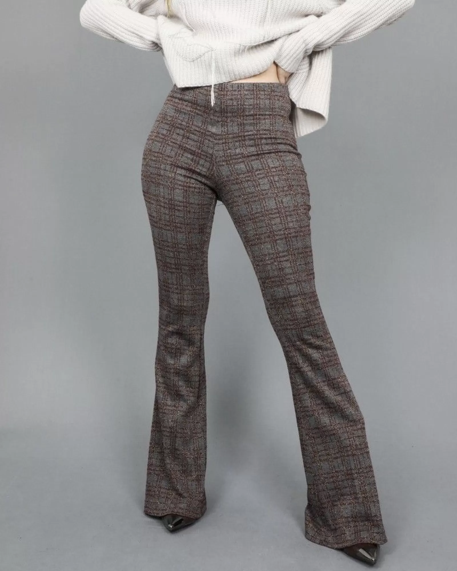 La Piscine Paris Pantalon évasé à carreaux fils métallisé Space Simona Corsellini Gris Shop