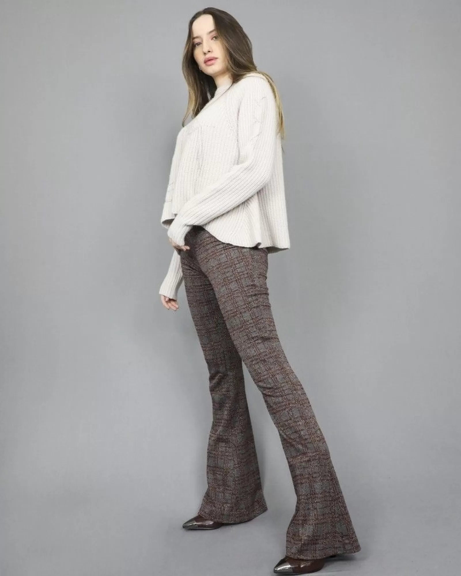 La Piscine Paris Pantalon évasé à carreaux fils métallisé Space Simona Corsellini Gris Shop
