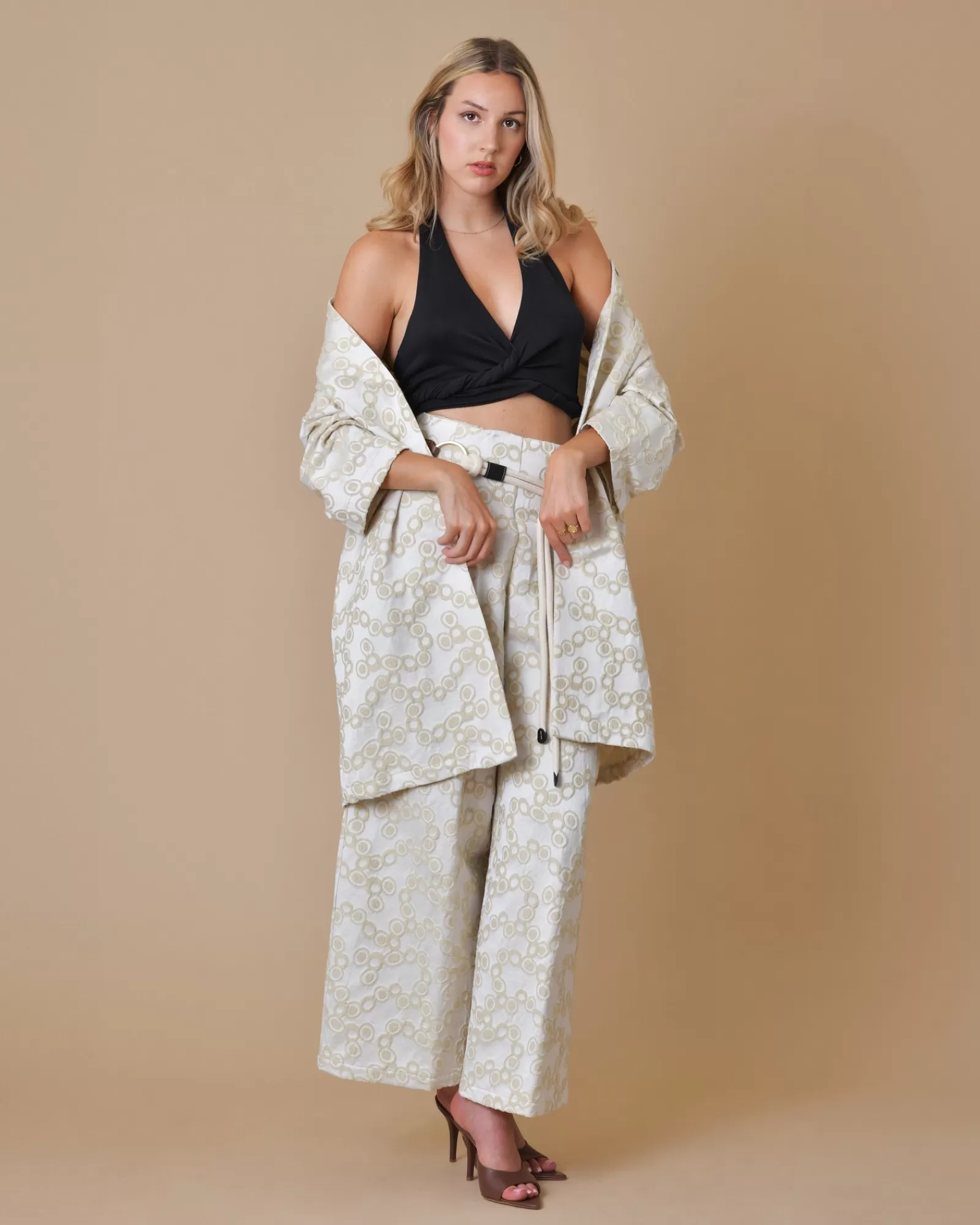 La Piscine Paris Pantalon évasée en coton mélangé Vicario Cinque Beige Clearance