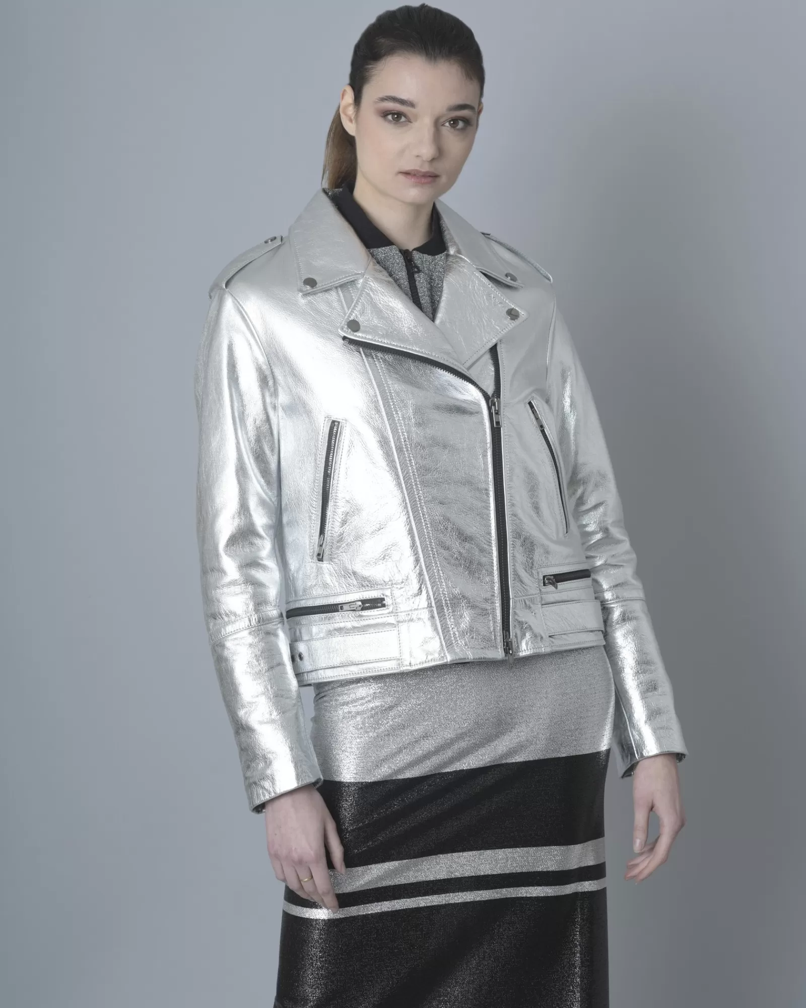 La Piscine Paris Perfecto en cuir lamé 7 for All Mankind Argenté Sale