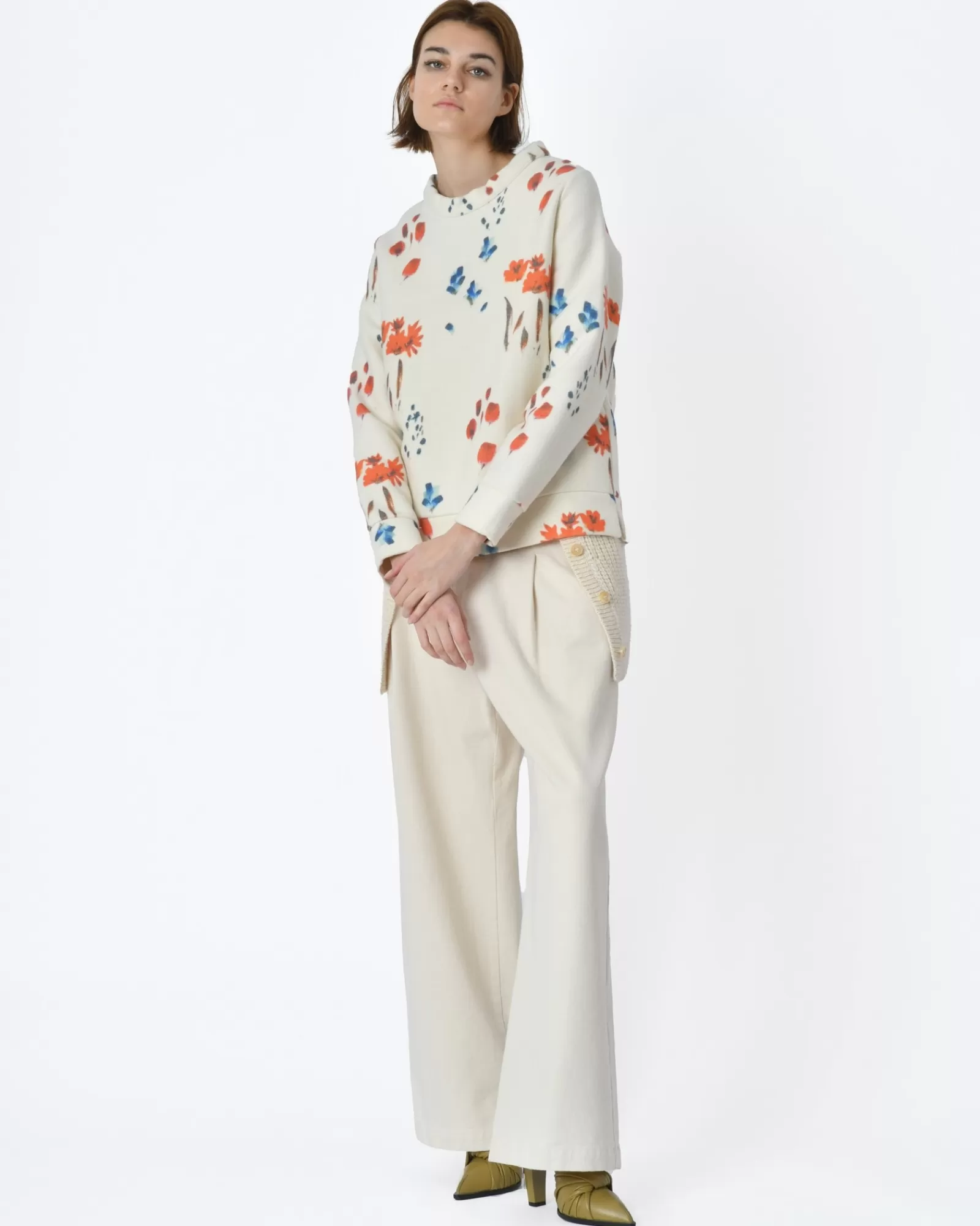 La Piscine Paris Pull blanc écru motif fleurs Lauret Ecru Fashion