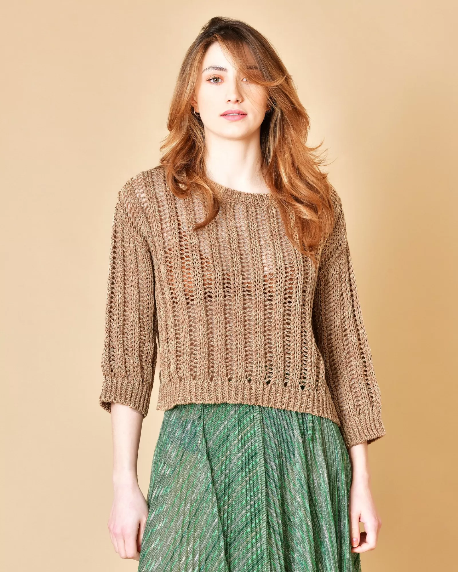 La Piscine Paris Pull en coton tricoté à sequins dorés Lorena Antoniazzi Marron Discount