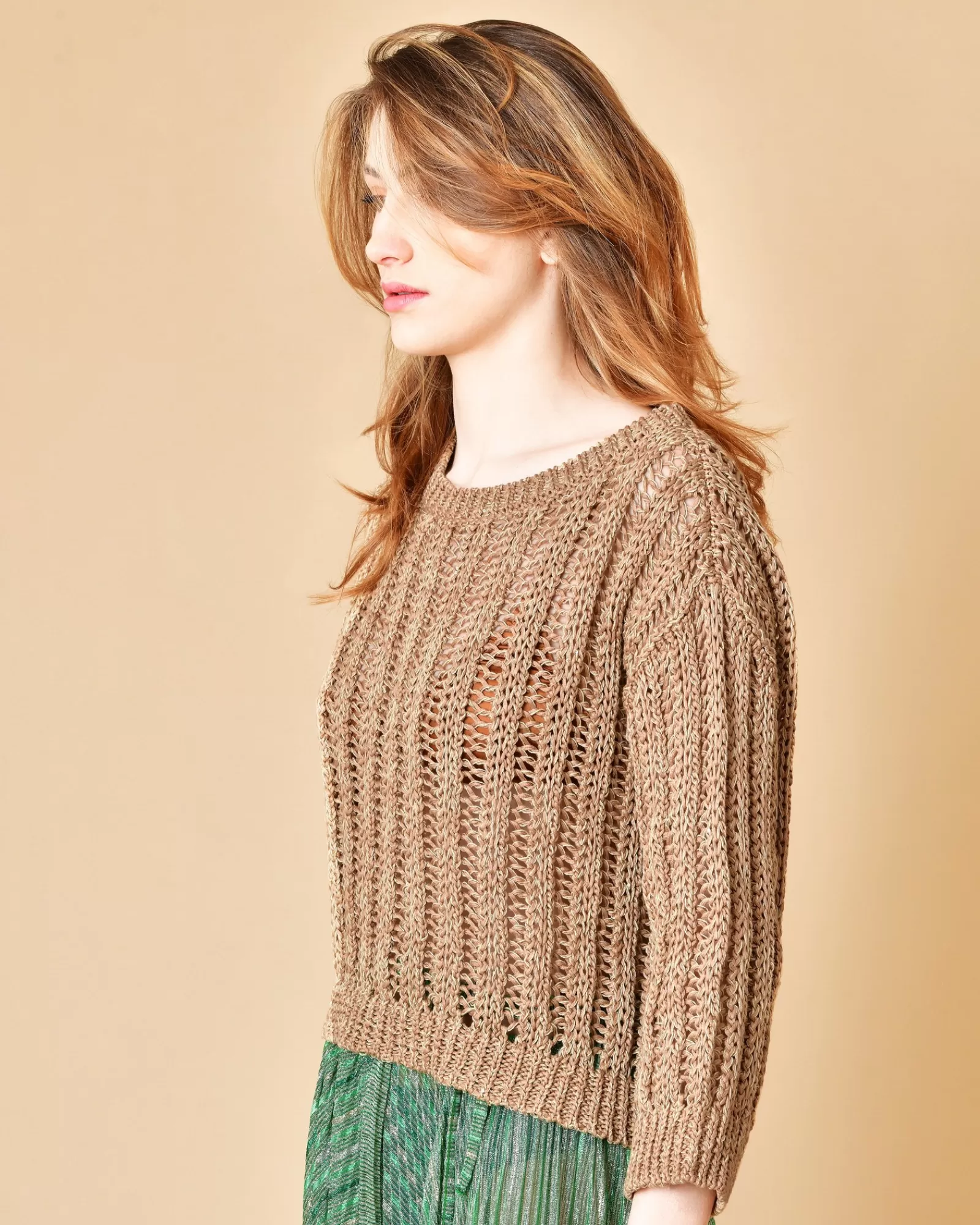 La Piscine Paris Pull en coton tricoté à sequins dorés Lorena Antoniazzi Marron Discount