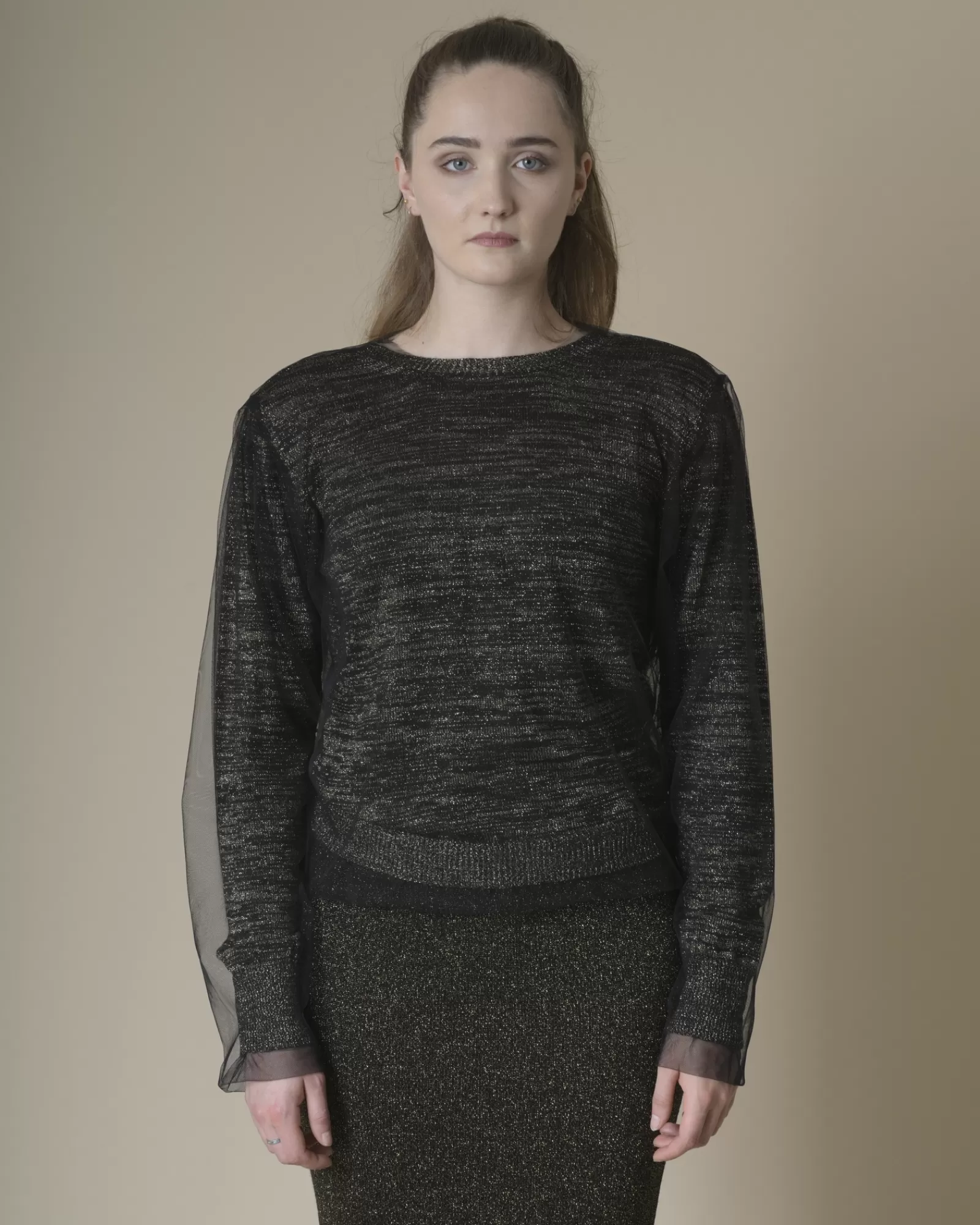 La Piscine Paris Pull en lurex doré et tulle Nude Noir Shop