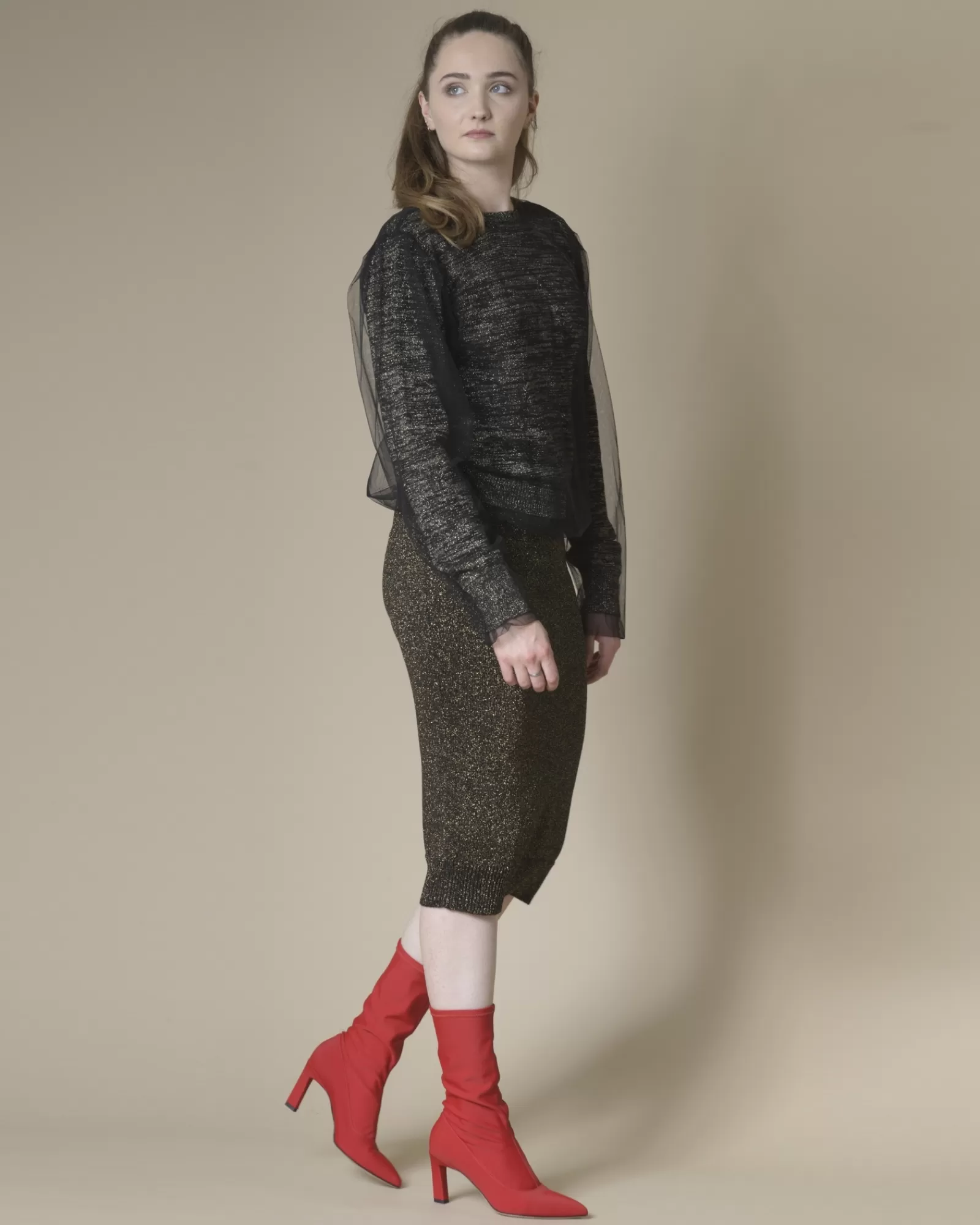 La Piscine Paris Pull en lurex doré et tulle Nude Noir Shop