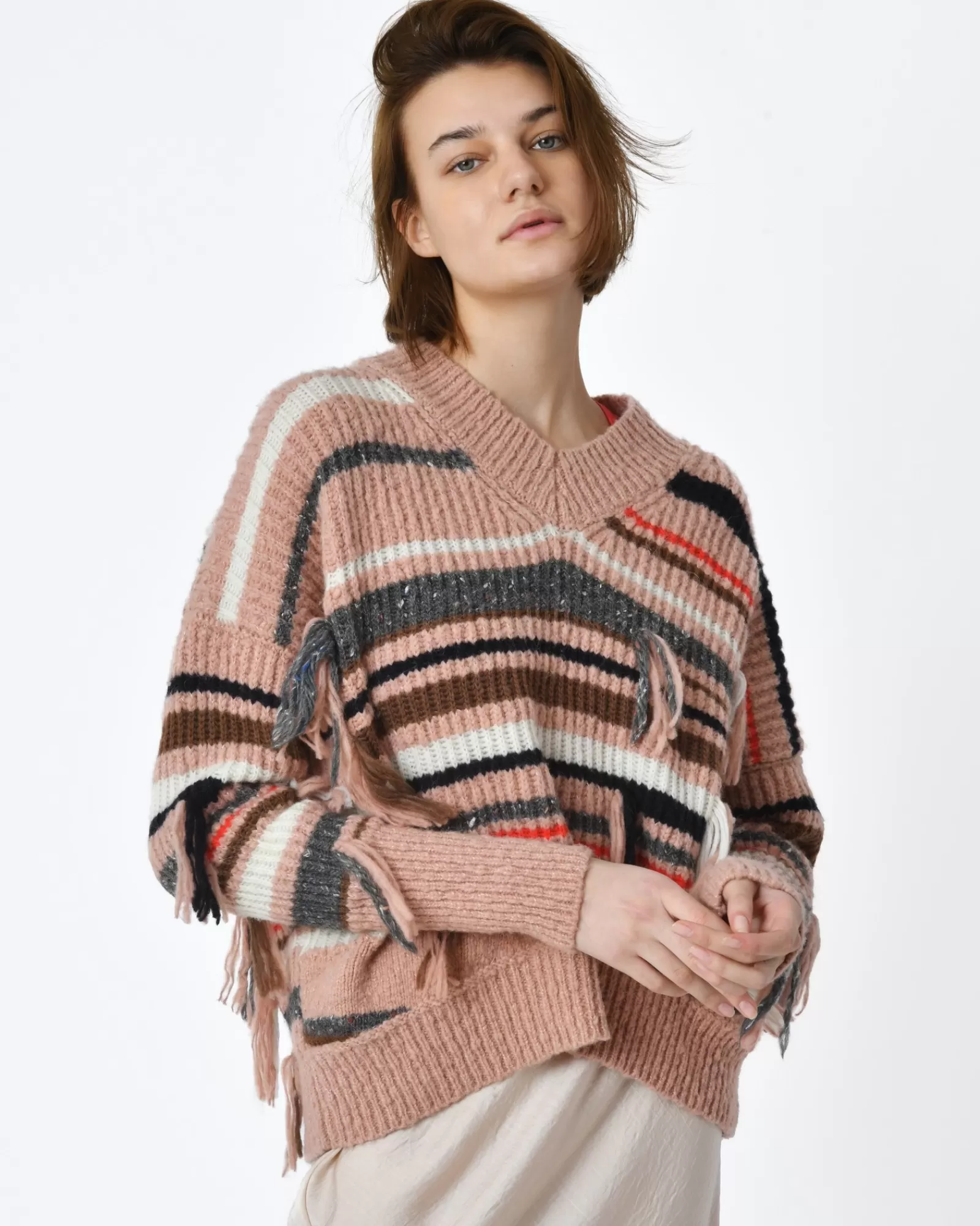 La Piscine Paris Pull à rayures col en v Maison Flâneur Rose Best Sale