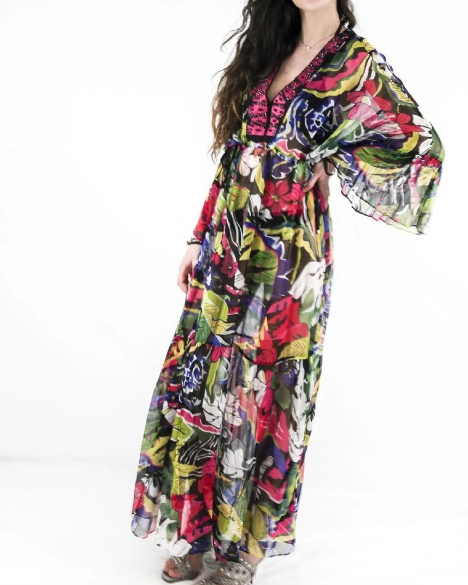 La Piscine Paris Robe chauve souris noir à imprimé tropical Nenette Multicolore Clearance