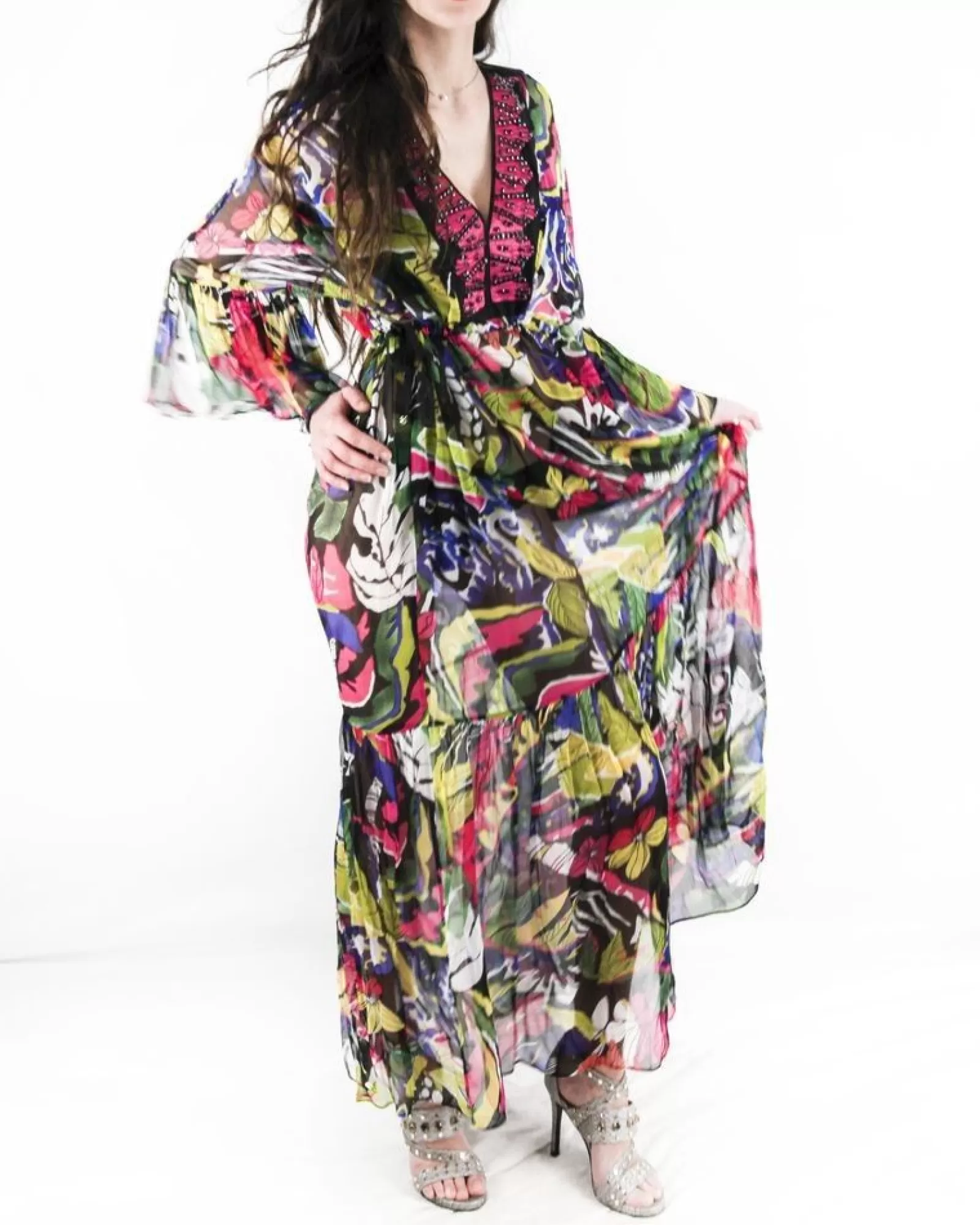 La Piscine Paris Robe chauve souris noir à imprimé tropical Nenette Multicolore Clearance