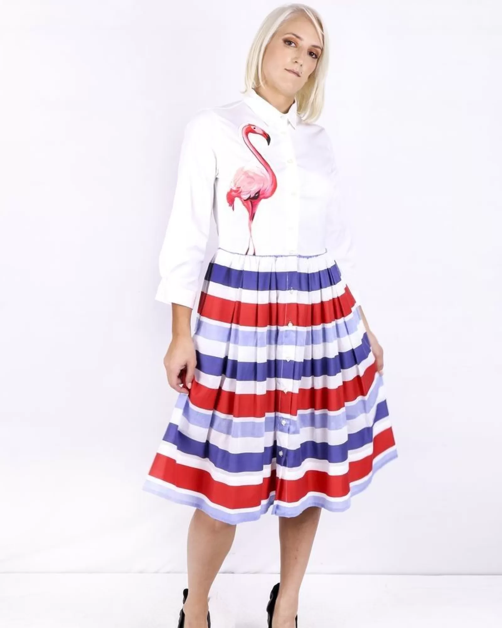 La Piscine Paris Robe chemise he avec patch fantaisie et imprimée à détails plissés Sara Roka Blanc Store