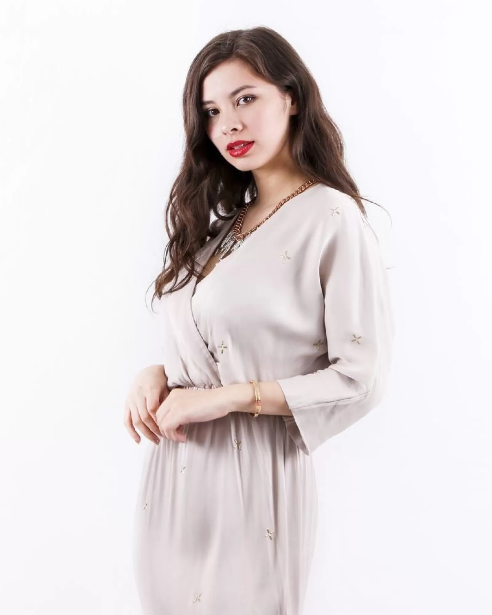 La Piscine Paris Robe empire en satin cloutée SVNTY Beige Hot