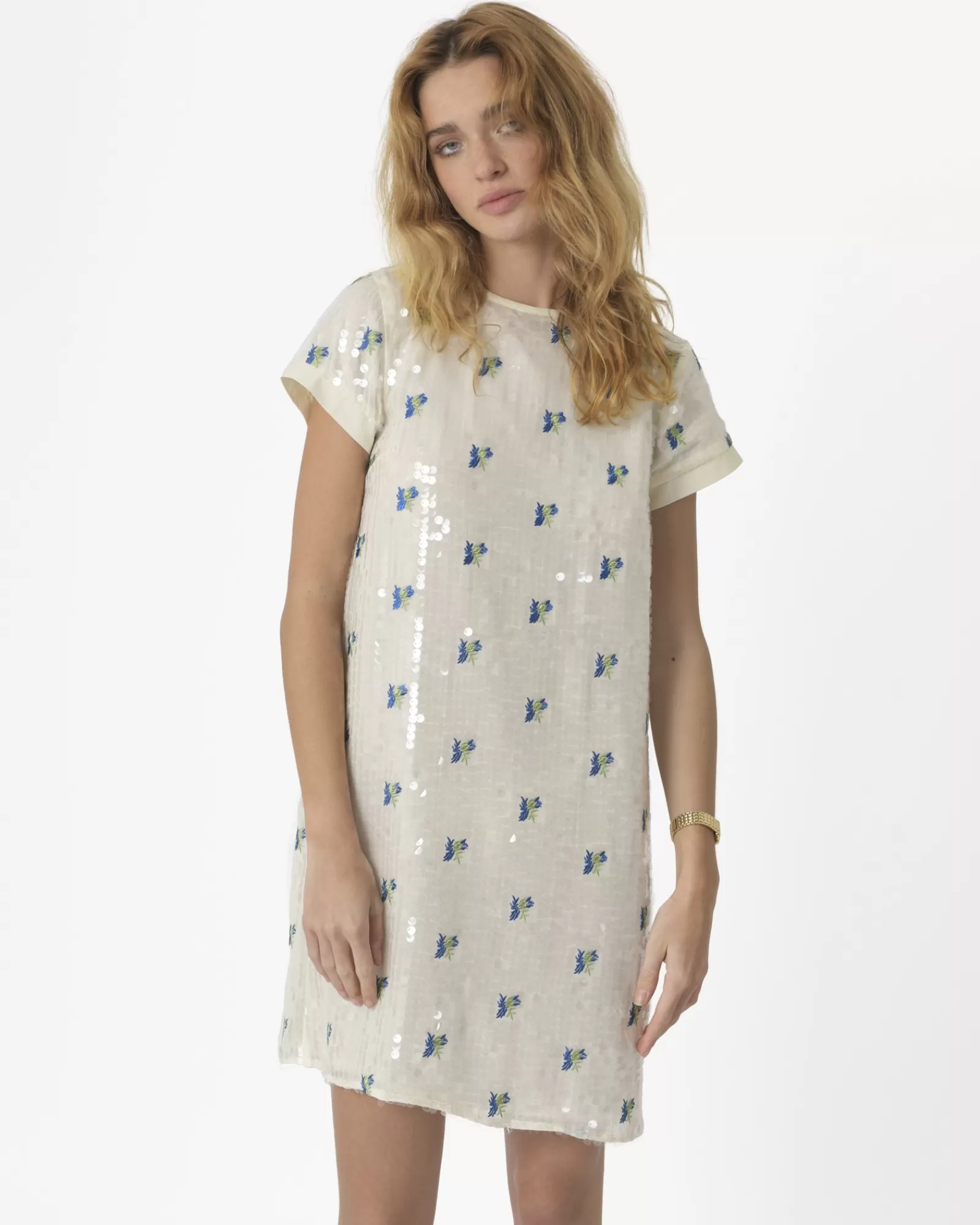 La Piscine Paris Robe en crêpe à broderies floral et sequins SVNTY Beige Discount
