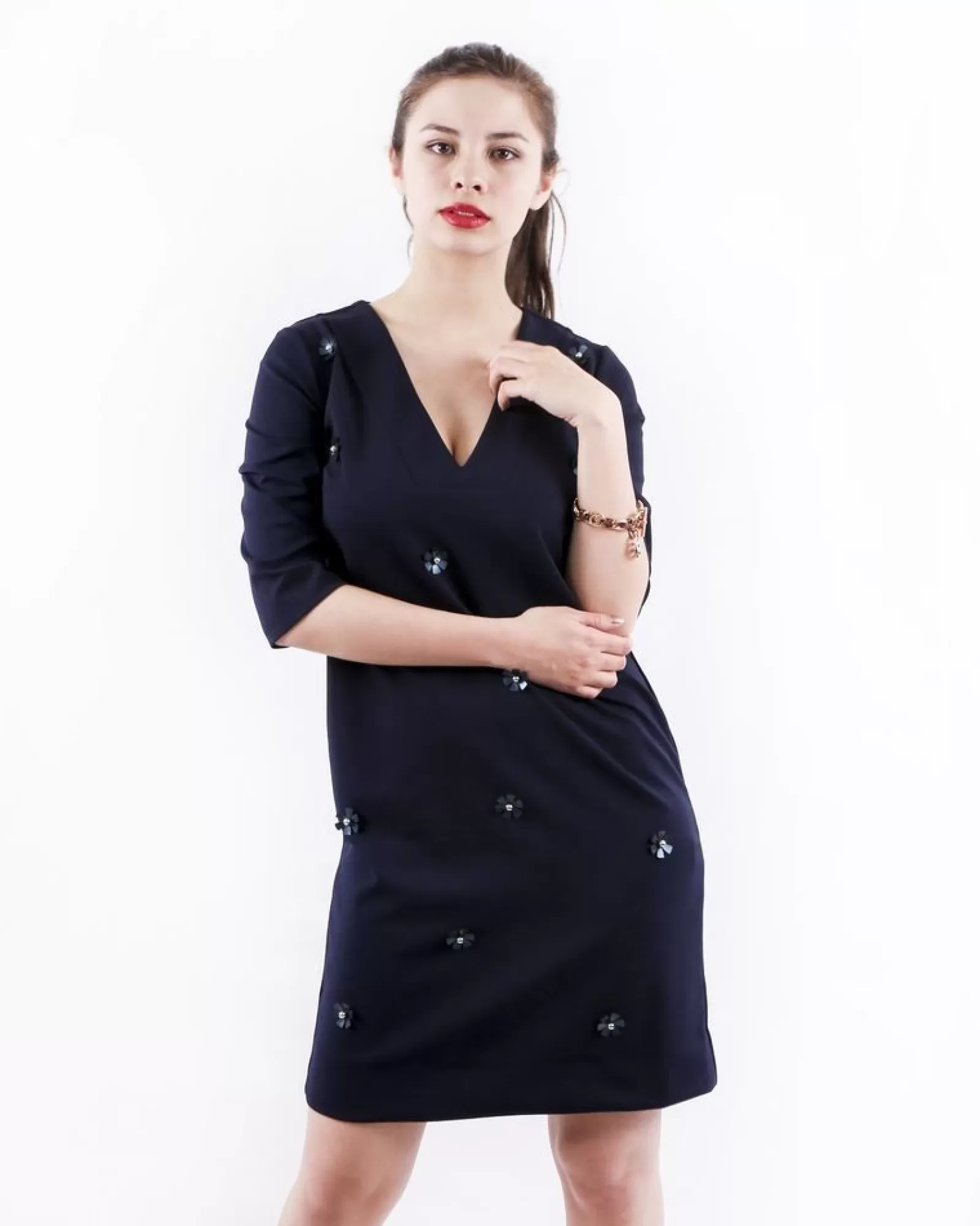 La Piscine Paris Robe en crêpe à broderies fleurs SVNTY Bleu New