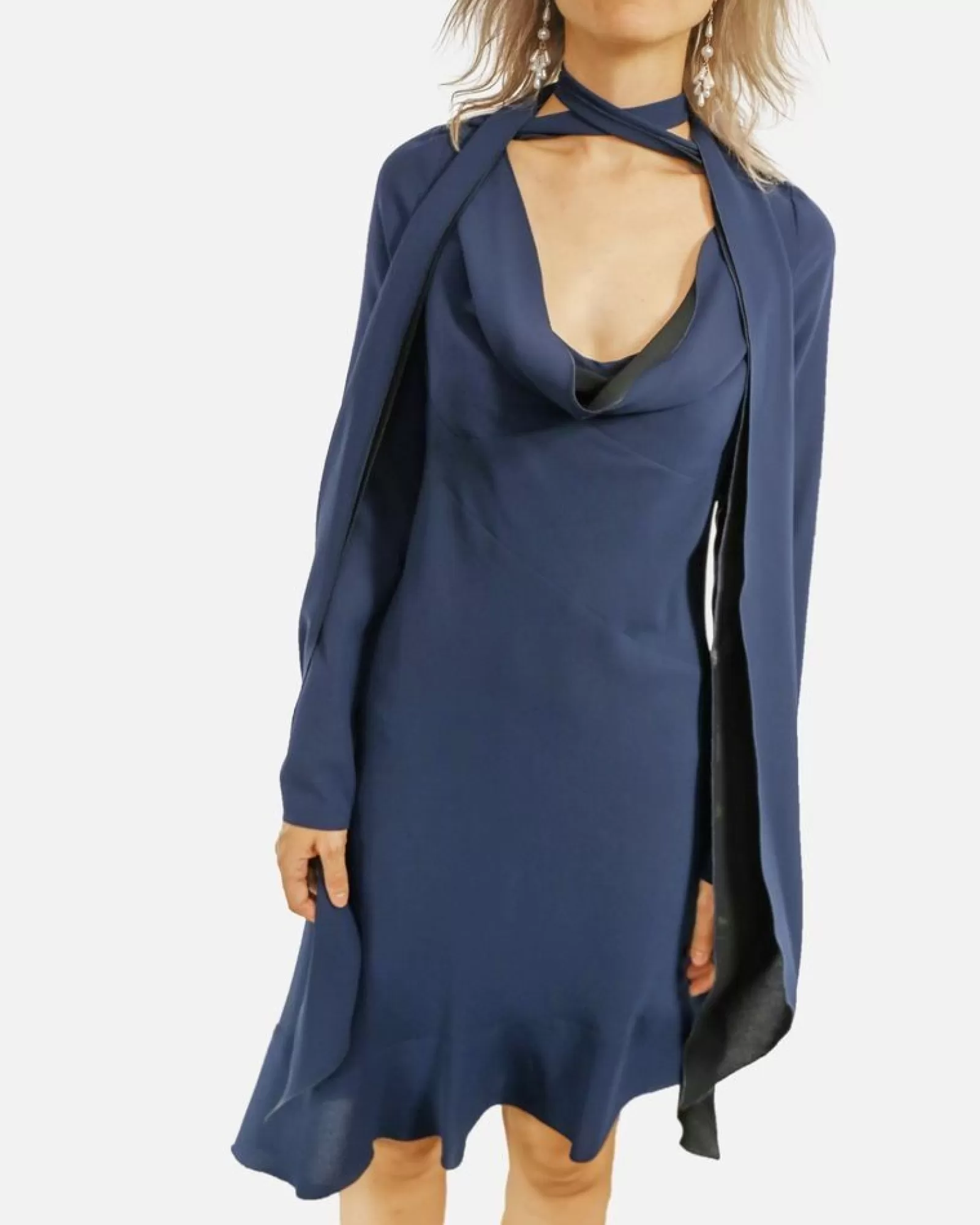 La Piscine Paris Robe en crêpe à lavallière John Galliano Bleu Sale