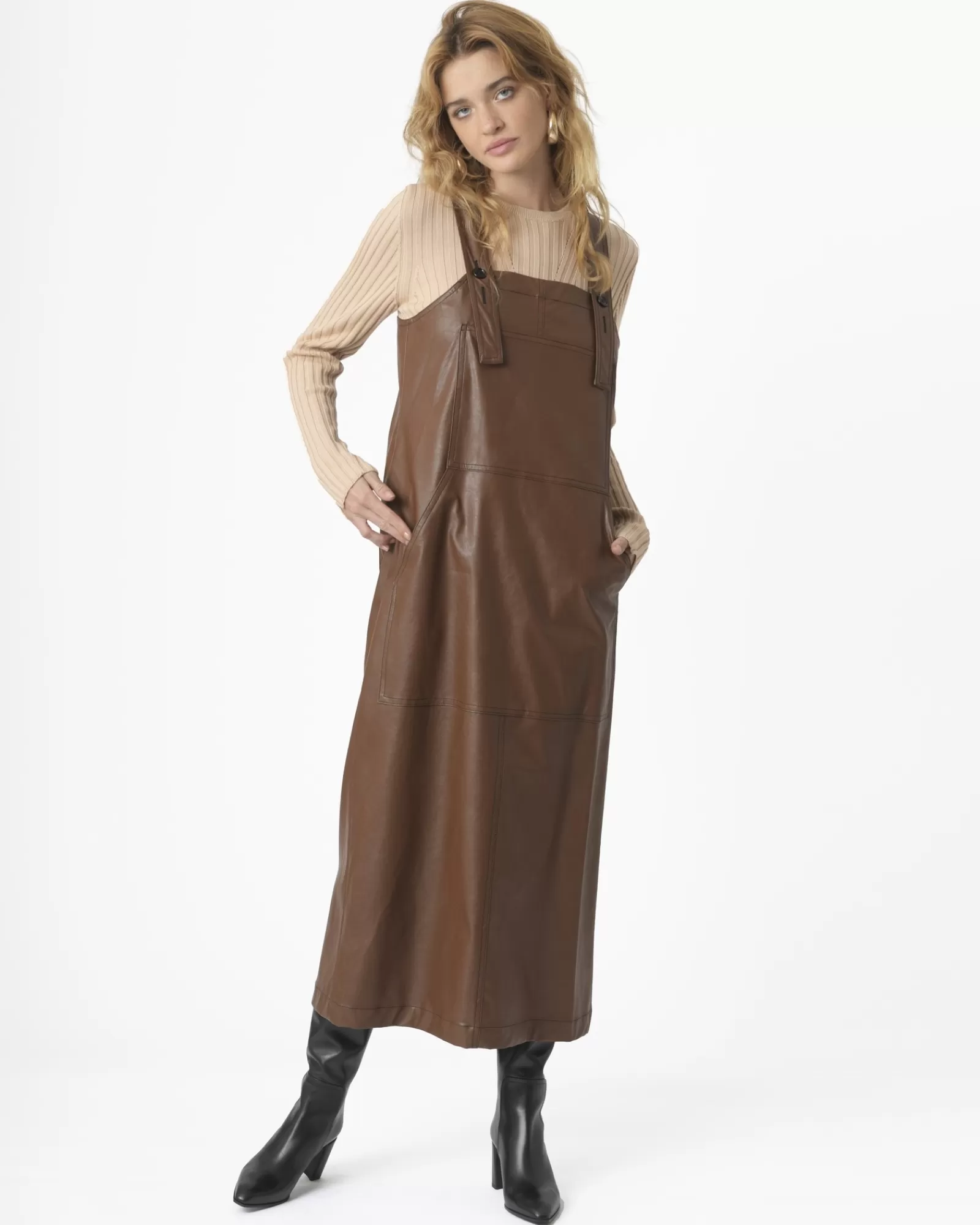 La Piscine Paris Robe en similicuir à bretelles Avn Marron New