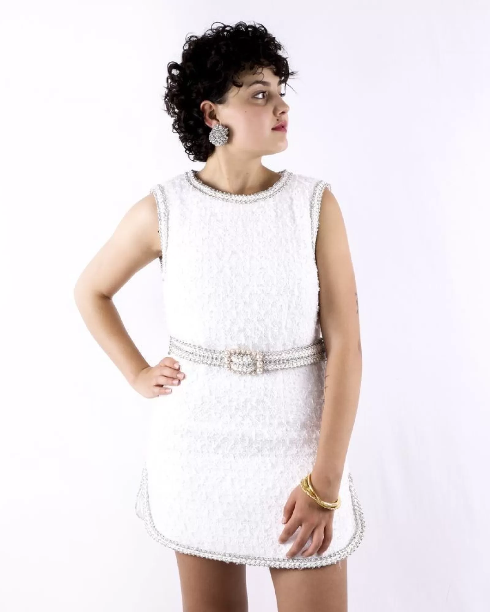 La Piscine Paris Robe en tweed sans manches Edward Achour Blanc Discount