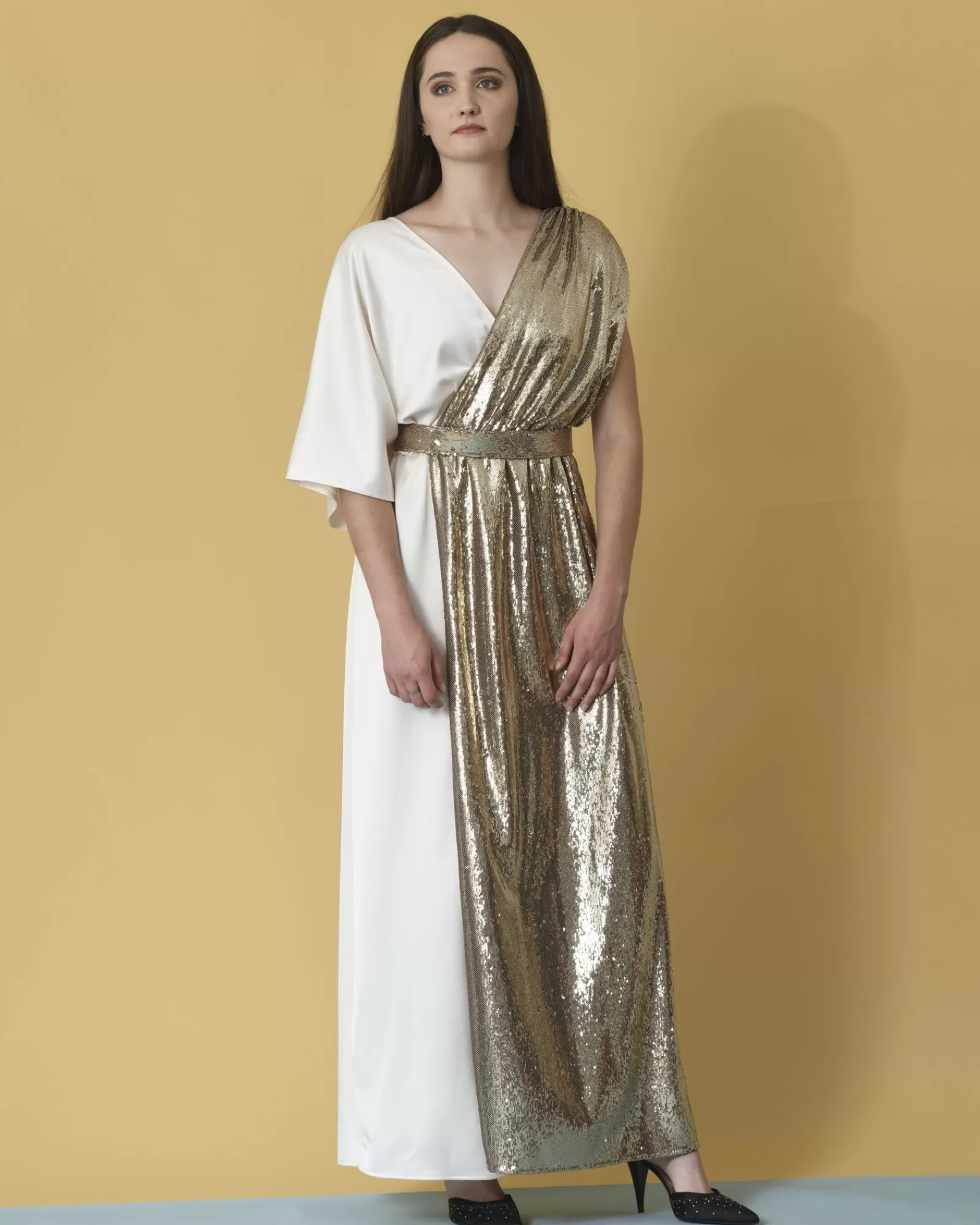 La Piscine Paris Robe longue asymétrique à sequins Space Simona Corsellini Doré New