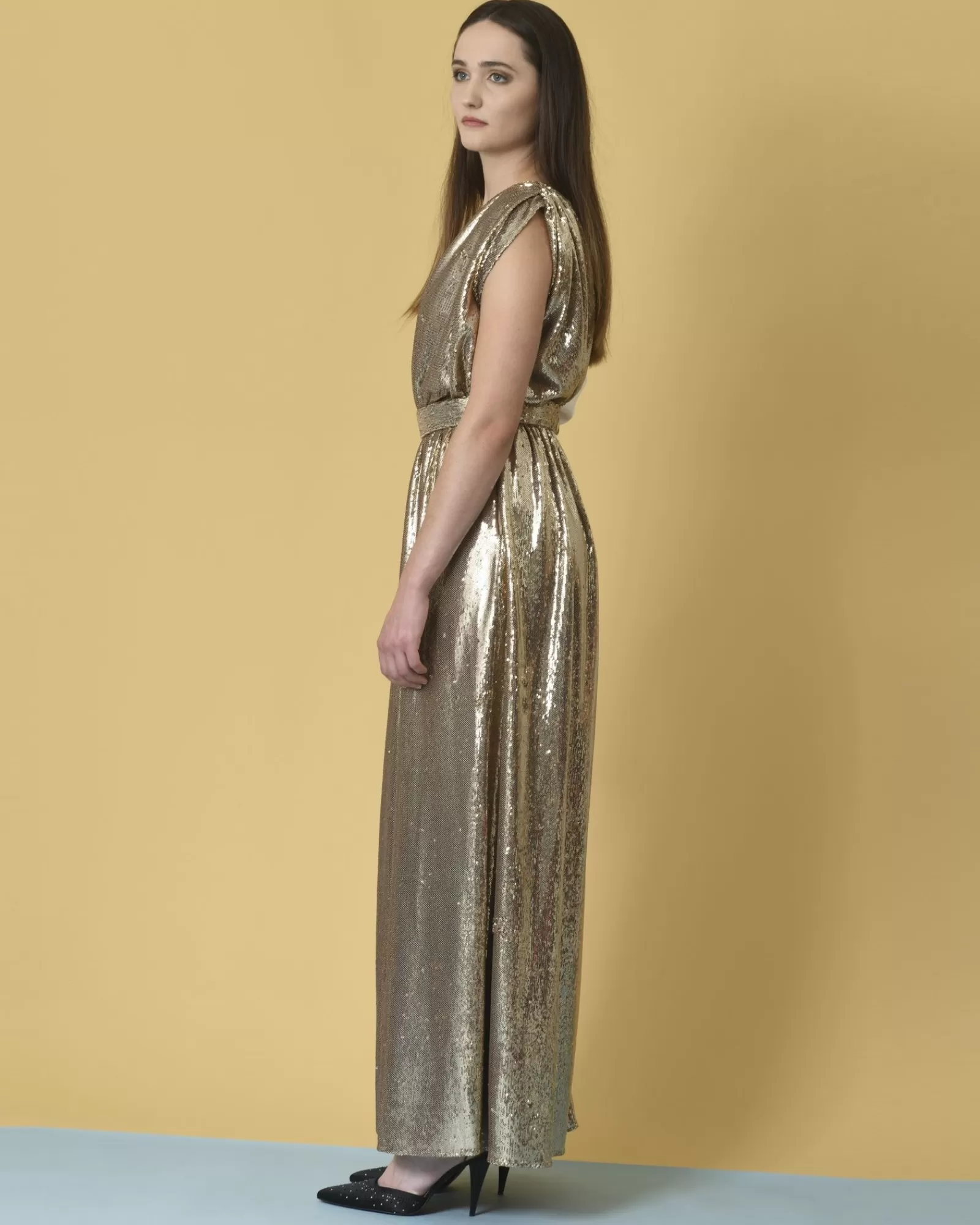 La Piscine Paris Robe longue asymétrique à sequins Space Simona Corsellini Doré New